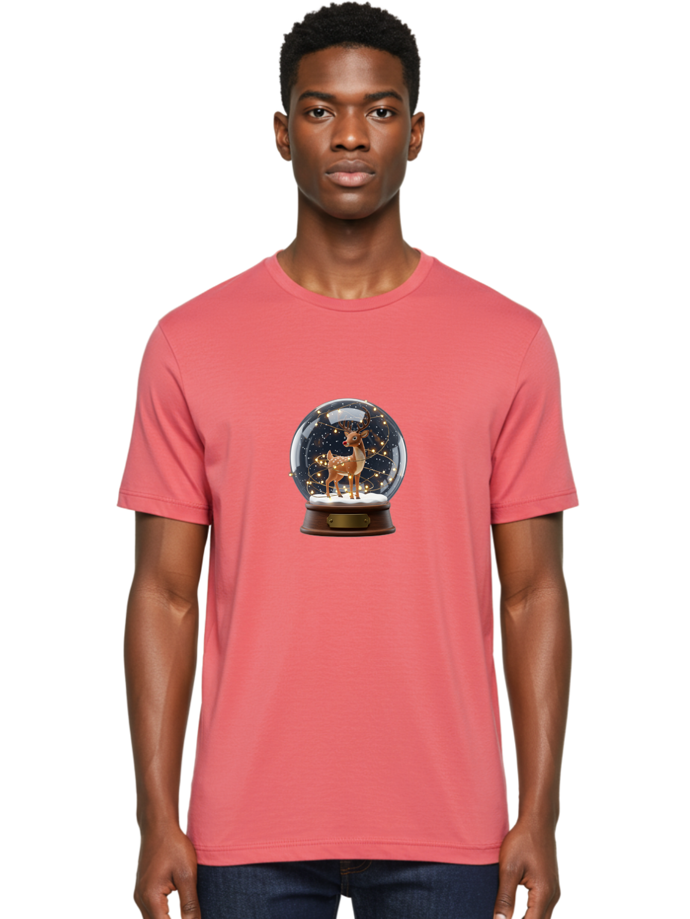Reindeer-Snow-Globe Men'S Graphic Tee, 100% Cotton, Comfortable Casual Summer Wear, Machine Washable, Snow Globe With Reindeer And Fawn, Festive Holiday Decor, Magical Winter Scene, Glowing String Lights, Christmas Decoration, Bac368 22