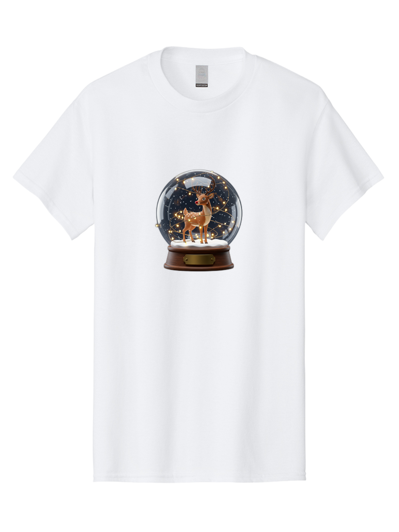 Reindeer-Snow-Globe Men'S Graphic Tee, 100% Cotton, Comfortable Casual Summer Wear, Machine Washable, Snow Globe With Reindeer And Fawn, Festive Holiday Decor, Magical Winter Scene, Glowing String Lights, Christmas Decoration, Bac368