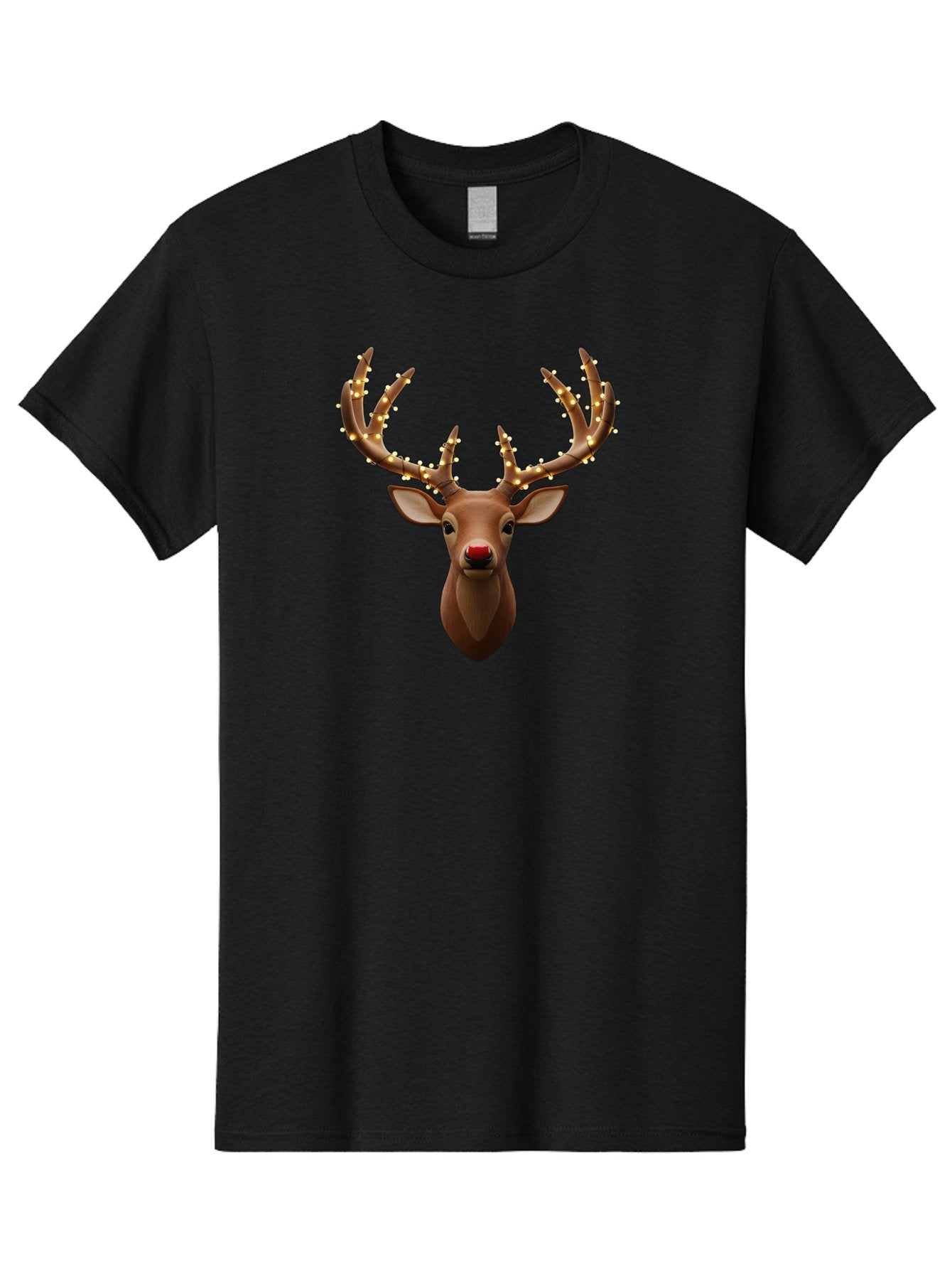 Reindeer-With-Lights Men'S Graphic Tee, 100% Cotton, Comfortable Casual Summer Wear, Machine Washable, Reindeer With Festive Lights, Christmas Decorations, Holiday Symbolism, Rudolph The Red-Nosed Reindeer, Winter Wonderland, Merry Christmas, Bac369
