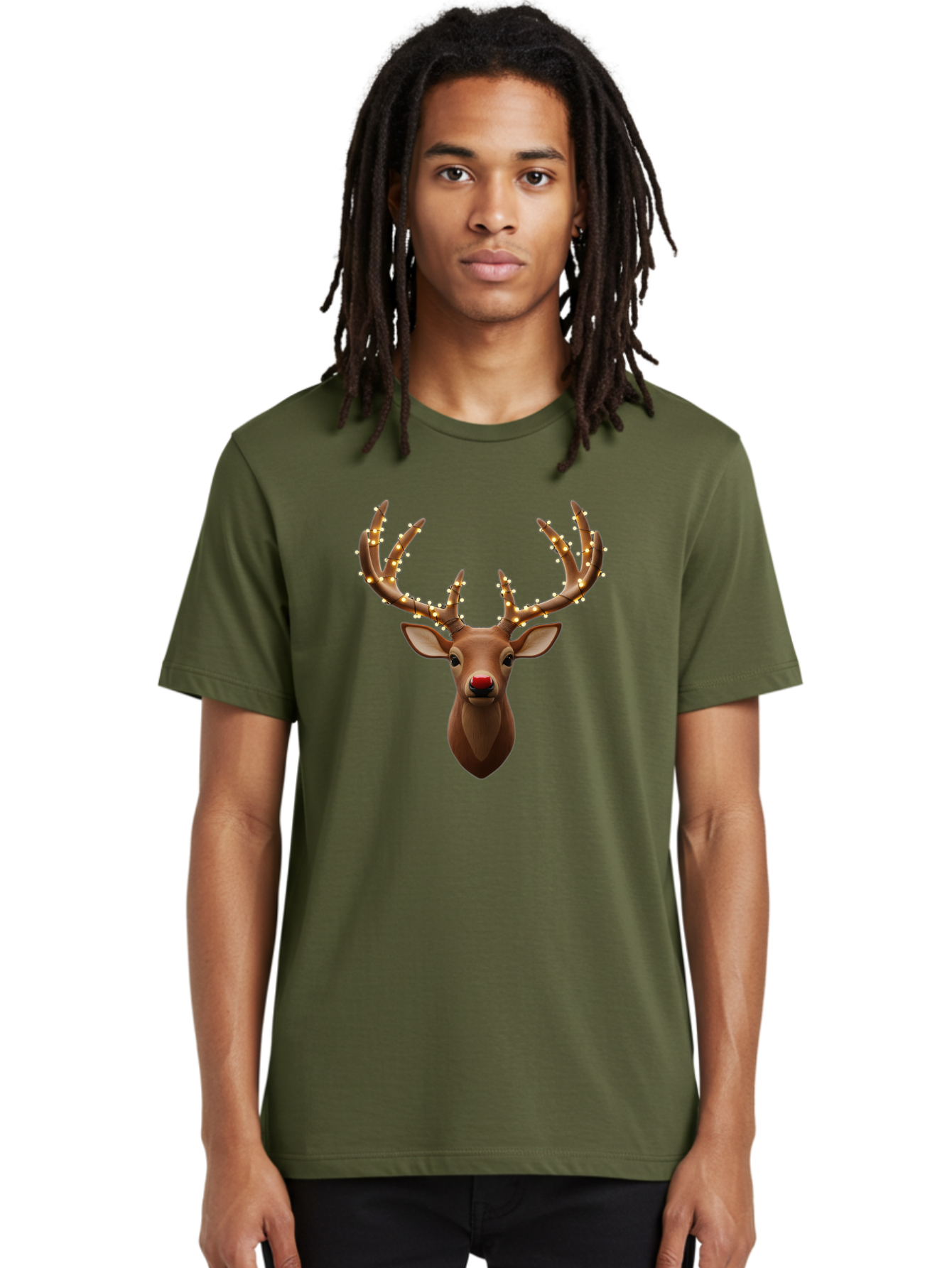 Reindeer-With-Lights Men'S Graphic Tee, 100% Cotton, Comfortable Casual Summer Wear, Machine Washable, Reindeer With Festive Lights, Christmas Decorations, Holiday Symbolism, Rudolph The Red-Nosed Reindeer, Winter Wonderland, Merry Christmas, Bac369 27