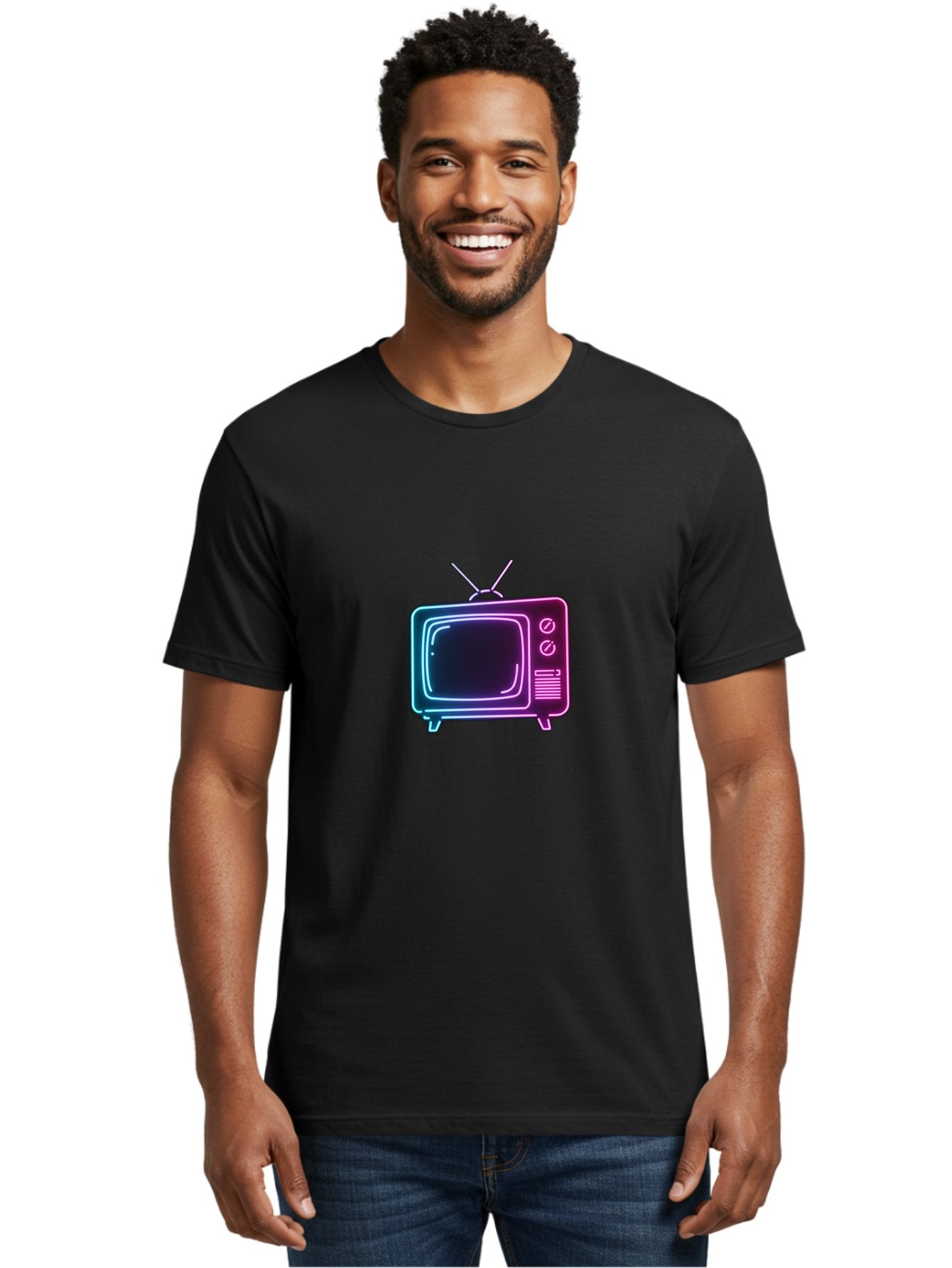 Retro-Television Men'S Graphic Tee, 100% Cotton, Comfortable Casual Summer Wear, Machine Washable, Retro Television, Vintage Tv, Neon Lights, Old-Fashioned Technology, Nostalgic Electronics, Retrofuturistic Design, Glowing Accents, Bac371 24