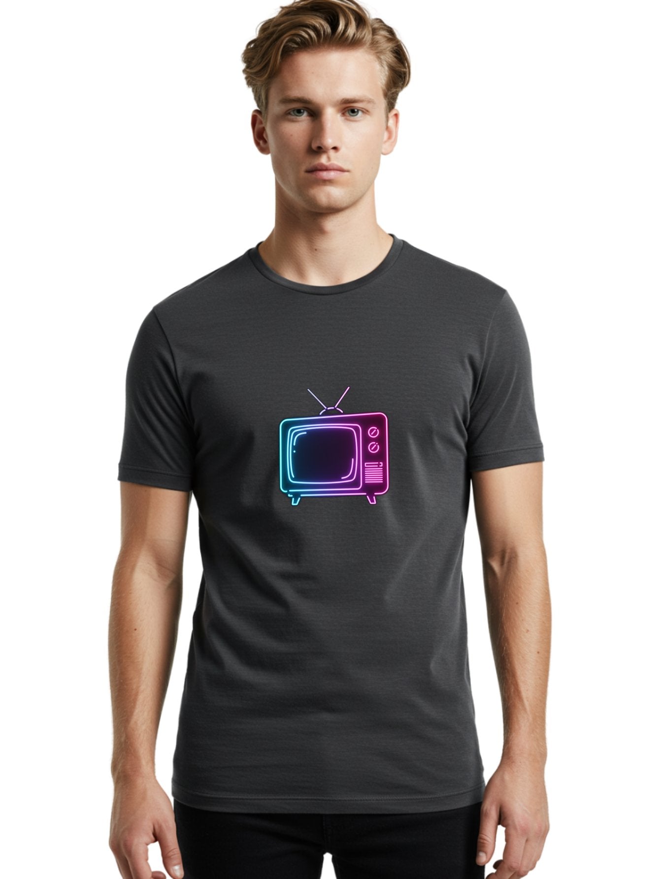 Retro-Television Men'S Graphic Tee, 100% Cotton, Comfortable Casual Summer Wear, Machine Washable, Retro Television, Vintage Tv, Neon Lights, Old-Fashioned Technology, Nostalgic Electronics, Retrofuturistic Design, Glowing Accents, Bac371 21