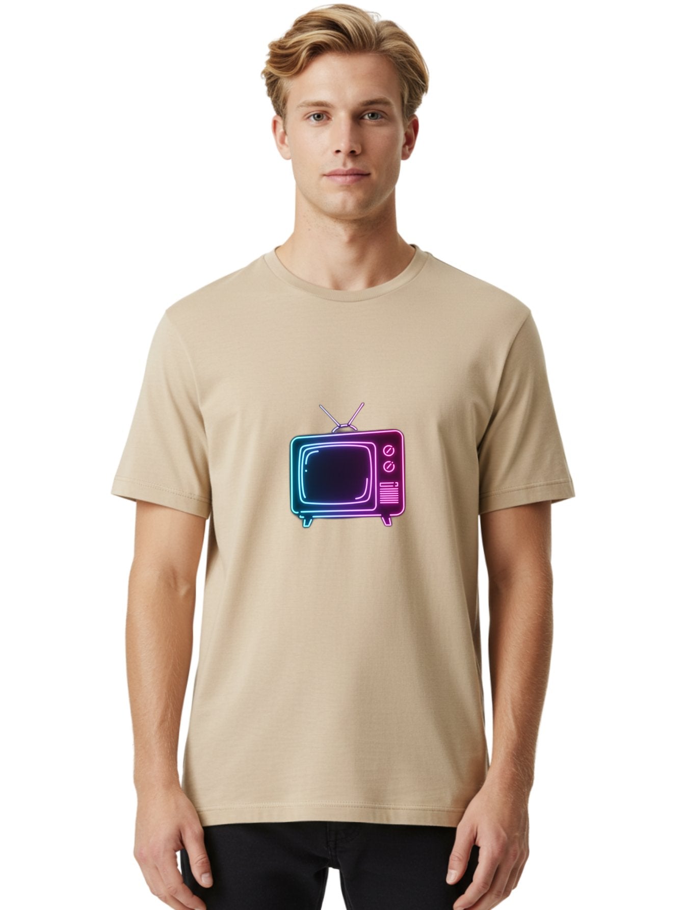 Retro-Television Men'S Graphic Tee, 100% Cotton, Comfortable Casual Summer Wear, Machine Washable, Retro Television, Vintage Tv, Neon Lights, Old-Fashioned Technology, Nostalgic Electronics, Retrofuturistic Design, Glowing Accents, Bac371 30