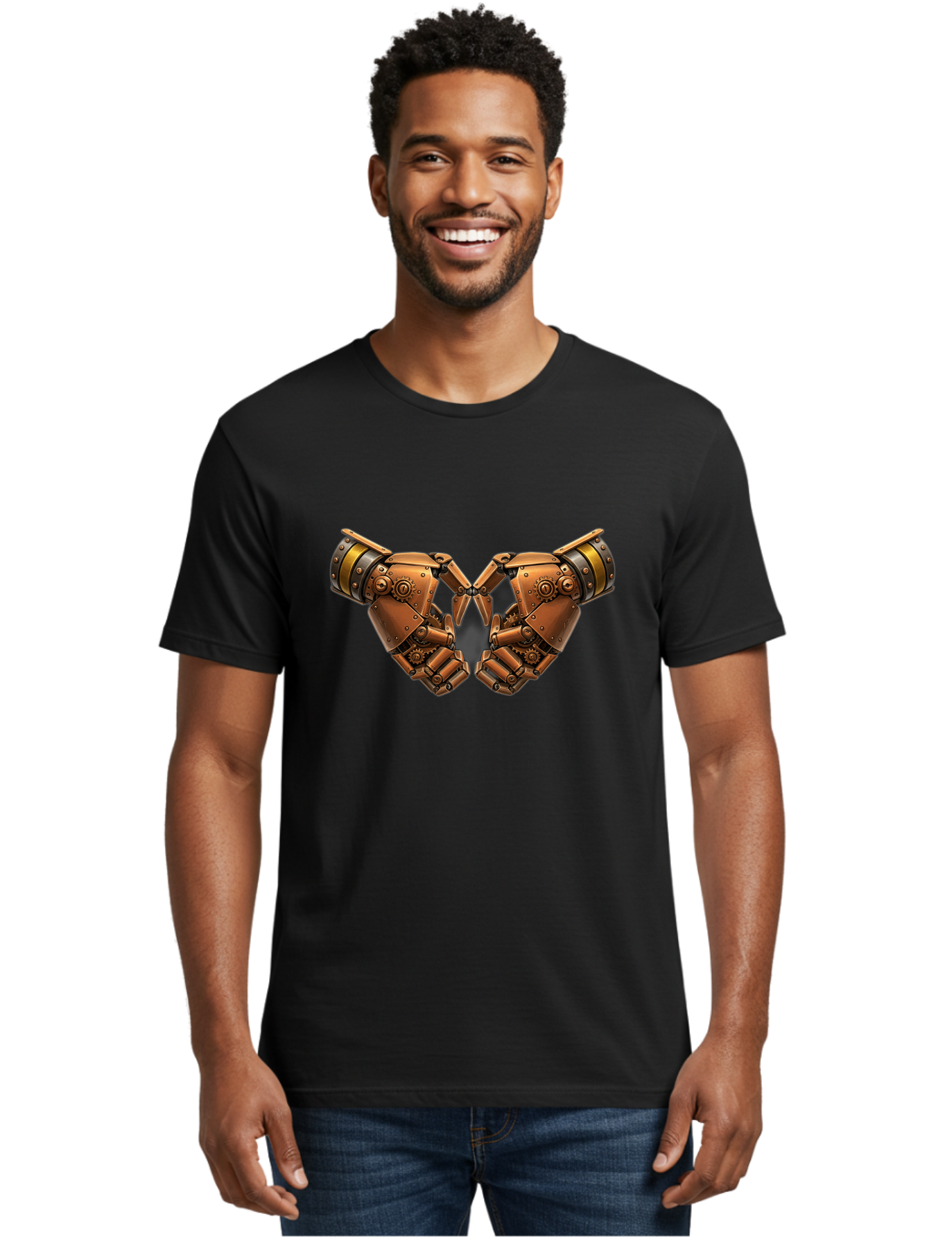 Robot-Hands Men'S Graphic Tee, 100% Cotton, Comfortable Casual Summer Wear, Machine Washable, Robotic Hands, Steampunk Design, Mechanical Fingers, Gear Details, Bronze Finish, Industrial Look, Futuristic, Robotic Love Bac374 30