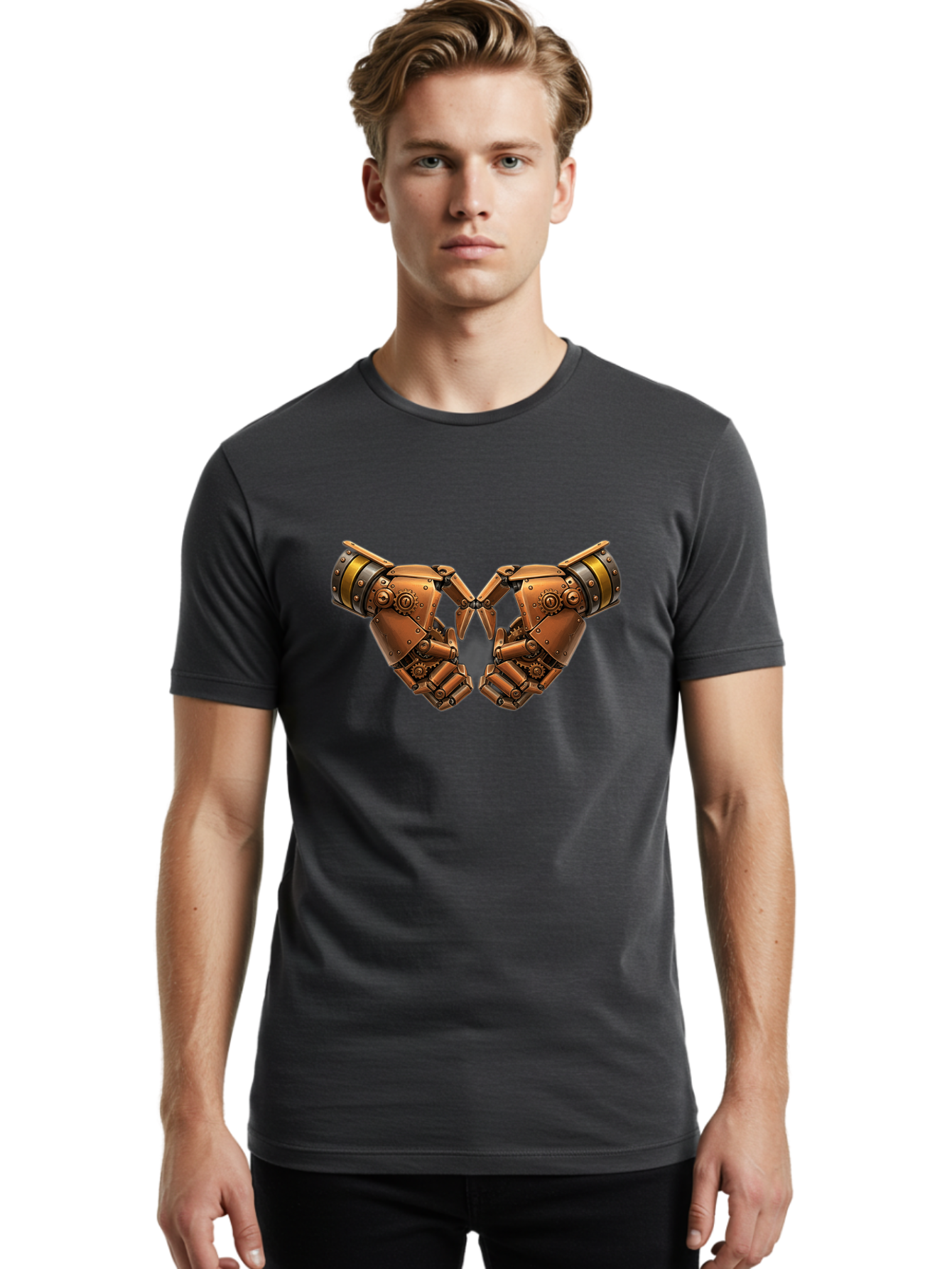 Robot-Hands Men'S Graphic Tee, 100% Cotton, Comfortable Casual Summer Wear, Machine Washable, Robotic Hands, Steampunk Design, Mechanical Fingers, Gear Details, Bronze Finish, Industrial Look, Futuristic, Robotic Love Bac374 29