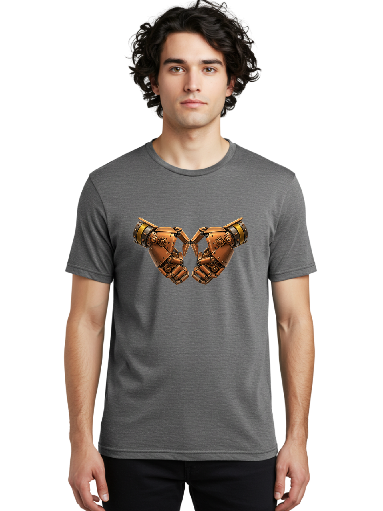 Robot-Hands Men'S Graphic Tee, 100% Cotton, Comfortable Casual Summer Wear, Machine Washable, Robotic Hands, Steampunk Design, Mechanical Fingers, Gear Details, Bronze Finish, Industrial Look, Futuristic, Robotic Love Bac374 26