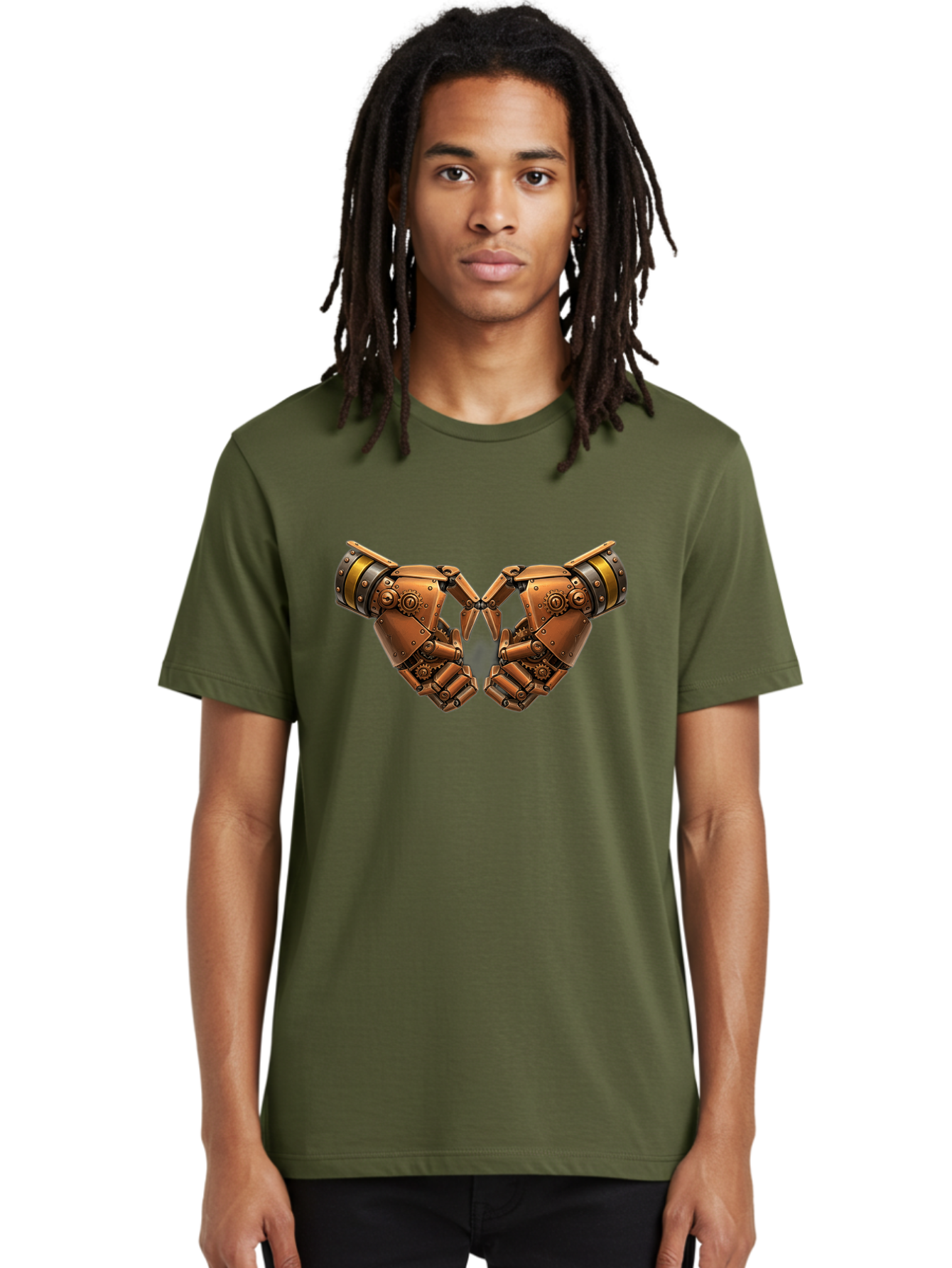Robot-Hands Men'S Graphic Tee, 100% Cotton, Comfortable Casual Summer Wear, Machine Washable, Robotic Hands, Steampunk Design, Mechanical Fingers, Gear Details, Bronze Finish, Industrial Look, Futuristic, Robotic Love Bac374 17