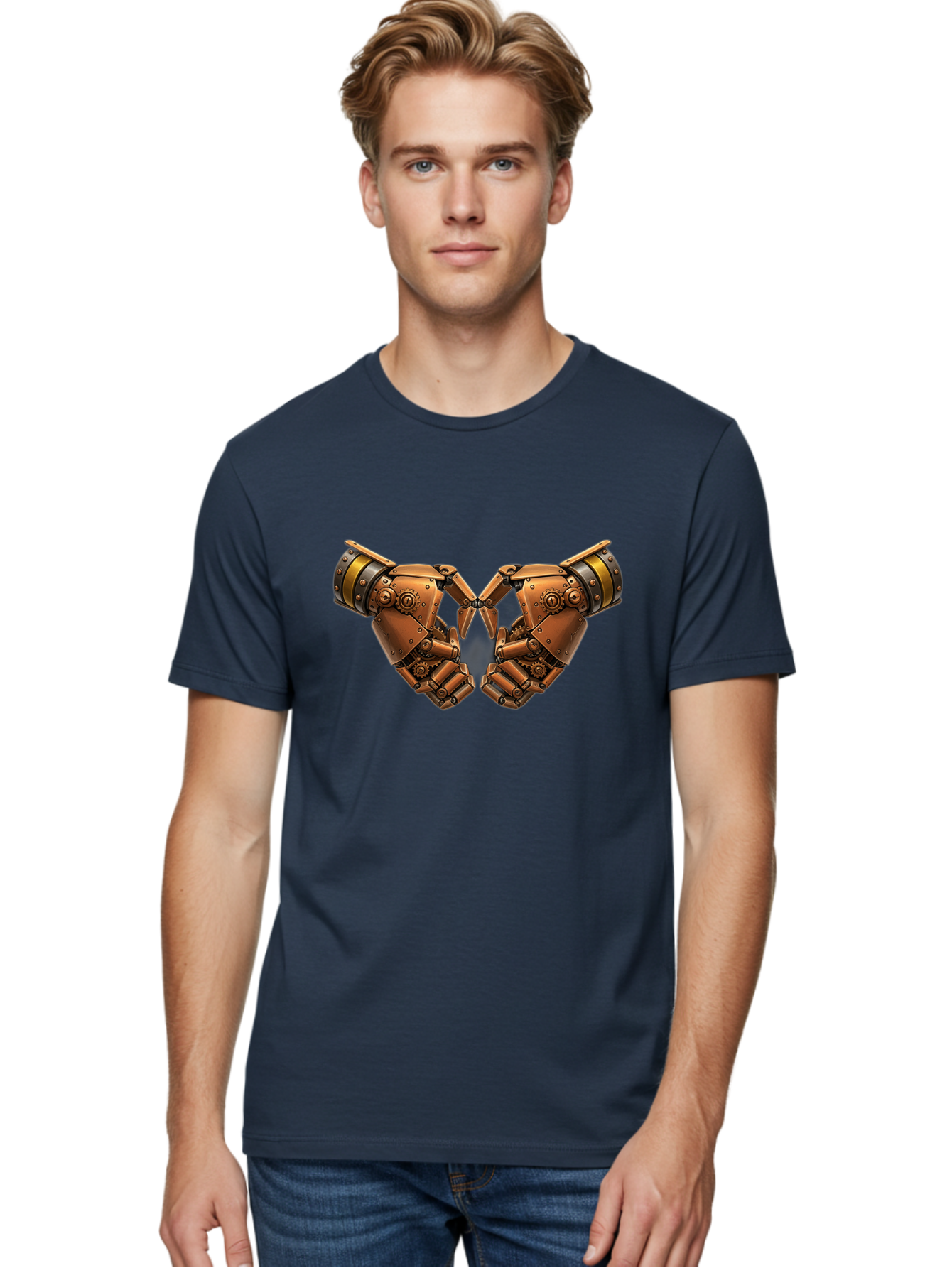 Robot-Hands Men'S Graphic Tee, 100% Cotton, Comfortable Casual Summer Wear, Machine Washable, Robotic Hands, Steampunk Design, Mechanical Fingers, Gear Details, Bronze Finish, Industrial Look, Futuristic, Robotic Love Bac374 25