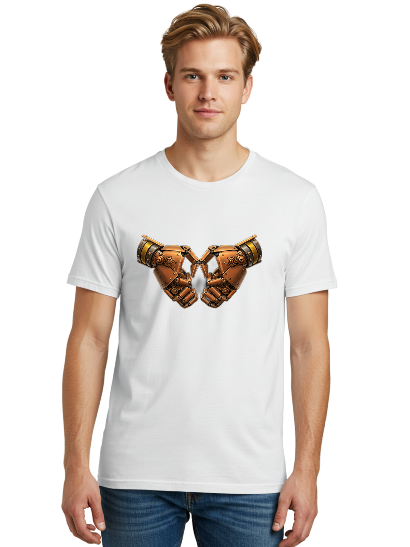 Robot-Hands Men'S Graphic Tee, 100% Cotton, Comfortable Casual Summer Wear, Machine Washable, Robotic Hands, Steampunk Design, Mechanical Fingers, Gear Details, Bronze Finish, Industrial Look, Futuristic, Robotic Love Bac374 23