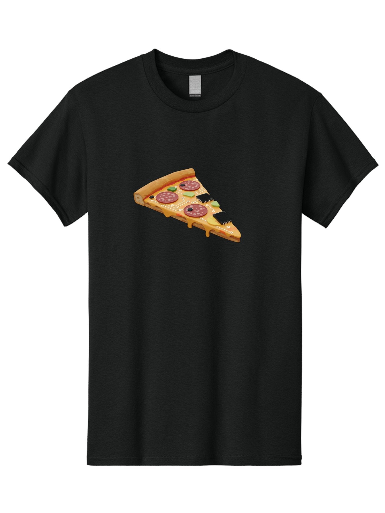 Robot-Pizza-Slice Men'S Graphic Tee, 100% Cotton, Comfortable Casual Summer Wear, Machine Washable, Pizza Slice With Circuit Board Toppings, Melted Cheese, Pepperoni, Green Capacitors, Wires, Electronic Components, Futuristic Food, Bac375 4