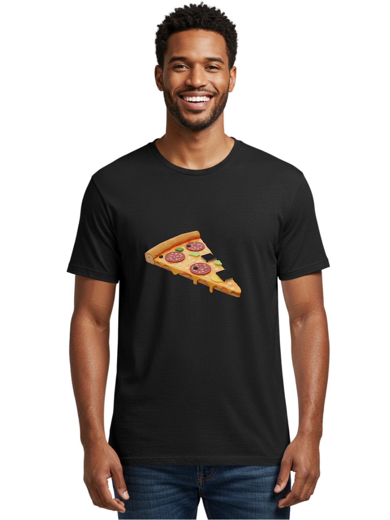 Robot-Pizza-Slice Men'S Graphic Tee, 100% Cotton, Comfortable Casual Summer Wear, Machine Washable, Pizza Slice With Circuit Board Toppings, Melted Cheese, Pepperoni, Green Capacitors, Wires, Electronic Components, Futuristic Food, Bac375 18