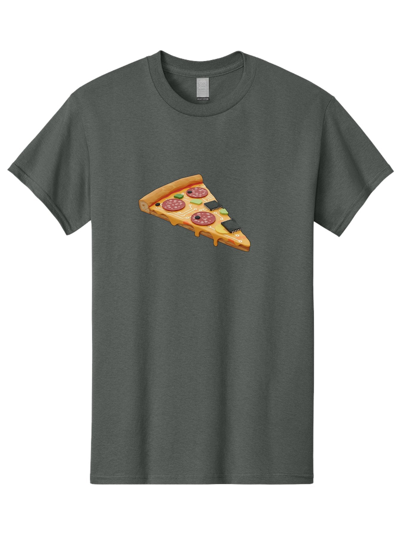 Robot-Pizza-Slice Men'S Graphic Tee, 100% Cotton, Comfortable Casual Summer Wear, Machine Washable, Pizza Slice With Circuit Board Toppings, Melted Cheese, Pepperoni, Green Capacitors, Wires, Electronic Components, Futuristic Food, Bac375 11