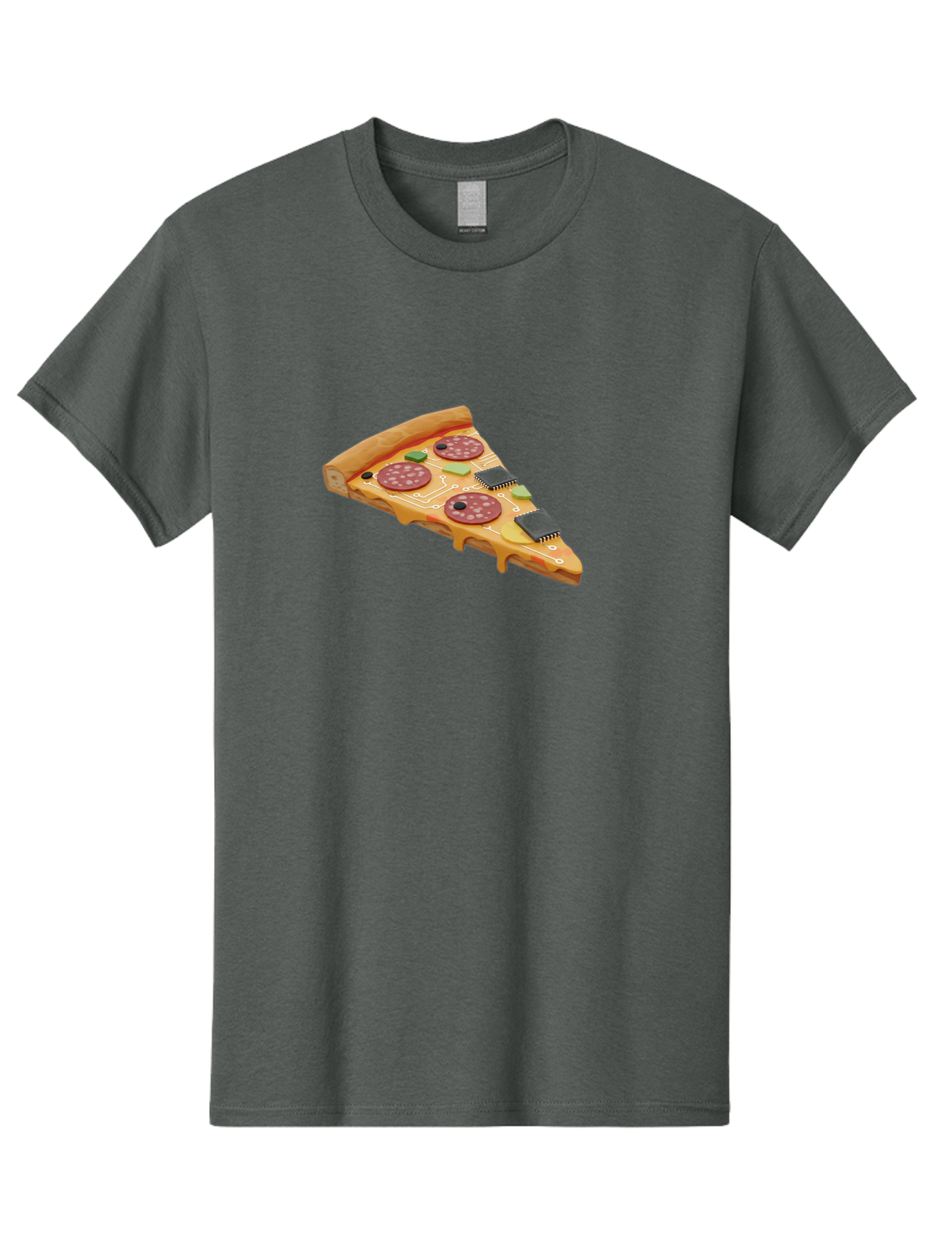 Robot-Pizza-Slice Men'S Graphic Tee, 100% Cotton, Comfortable Casual Summer Wear, Machine Washable, Pizza Slice With Circuit Board Toppings, Melted Cheese, Pepperoni, Green Capacitors, Wires, Electronic Components, Futuristic Food, Bac375 4
