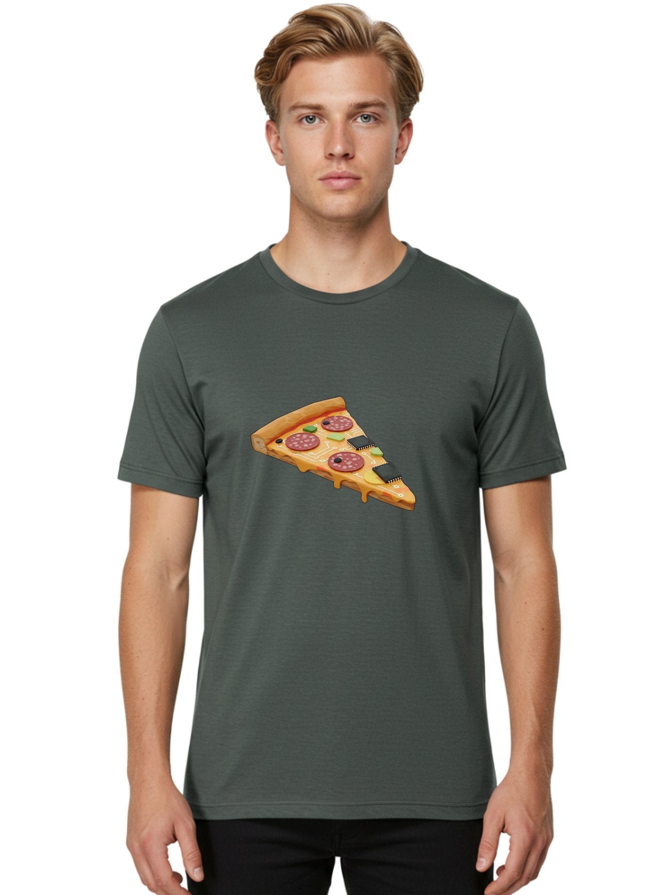 Robot-Pizza-Slice Men'S Graphic Tee, 100% Cotton, Comfortable Casual Summer Wear, Machine Washable, Pizza Slice With Circuit Board Toppings, Melted Cheese, Pepperoni, Green Capacitors, Wires, Electronic Components, Futuristic Food, Bac375 27