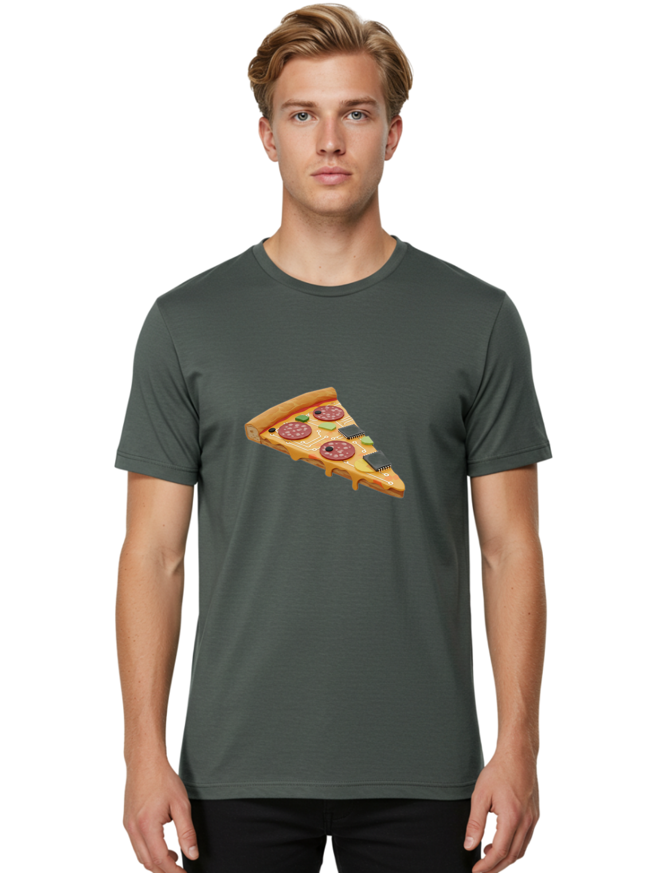Robot-Pizza-Slice Men'S Graphic Tee, 100% Cotton, Comfortable Casual Summer Wear, Machine Washable, Pizza Slice With Circuit Board Toppings, Melted Cheese, Pepperoni, Green Capacitors, Wires, Electronic Components, Futuristic Food, Bac375 19