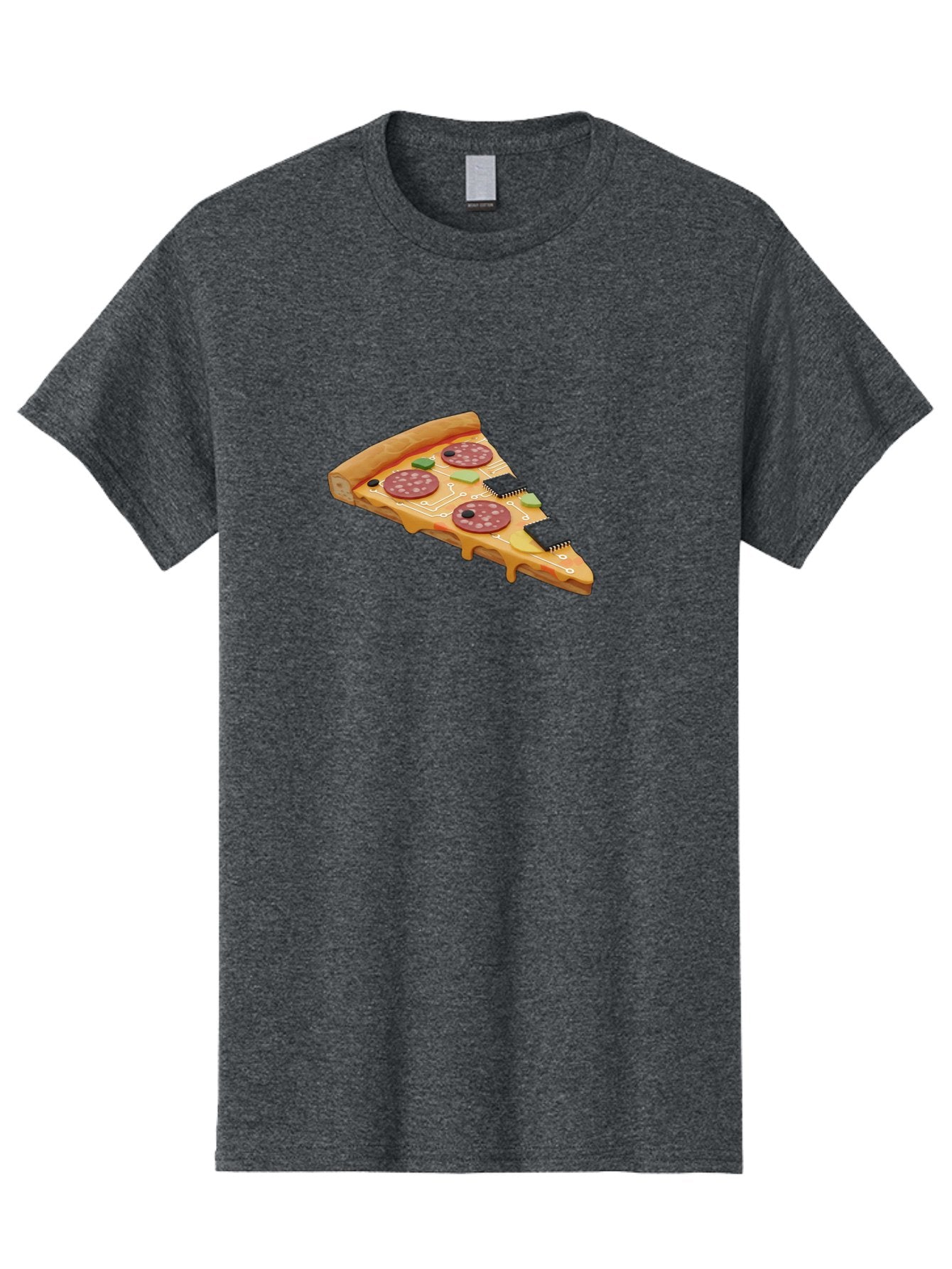 Robot-Pizza-Slice Men'S Graphic Tee, 100% Cotton, Comfortable Casual Summer Wear, Machine Washable, Pizza Slice With Circuit Board Toppings, Melted Cheese, Pepperoni, Green Capacitors, Wires, Electronic Components, Futuristic Food, Bac375