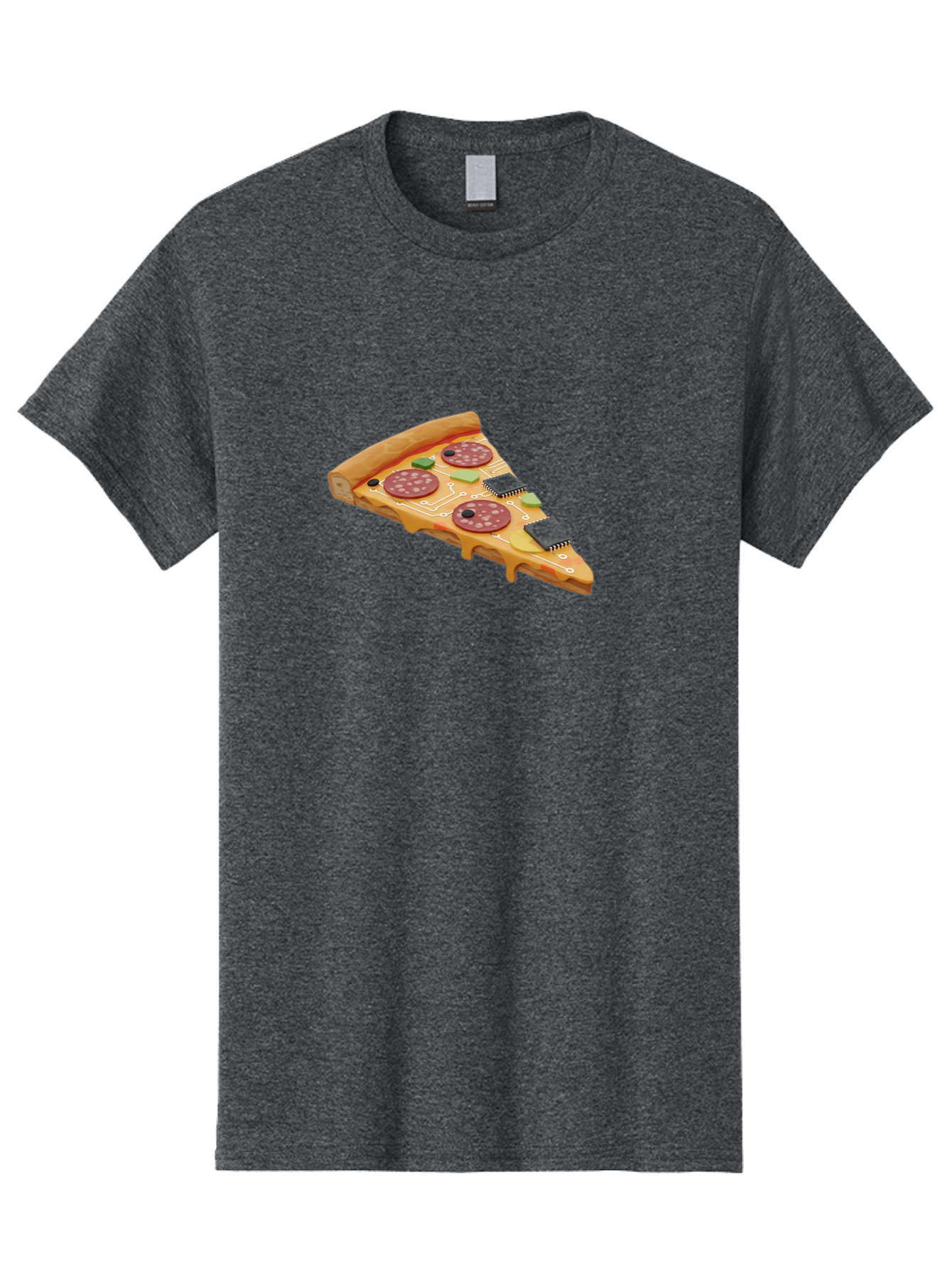 Robot-Pizza-Slice Men'S Graphic Tee, 100% Cotton, Comfortable Casual Summer Wear, Machine Washable, Pizza Slice With Circuit Board Toppings, Melted Cheese, Pepperoni, Green Capacitors, Wires, Electronic Components, Futuristic Food, Bac375 10
