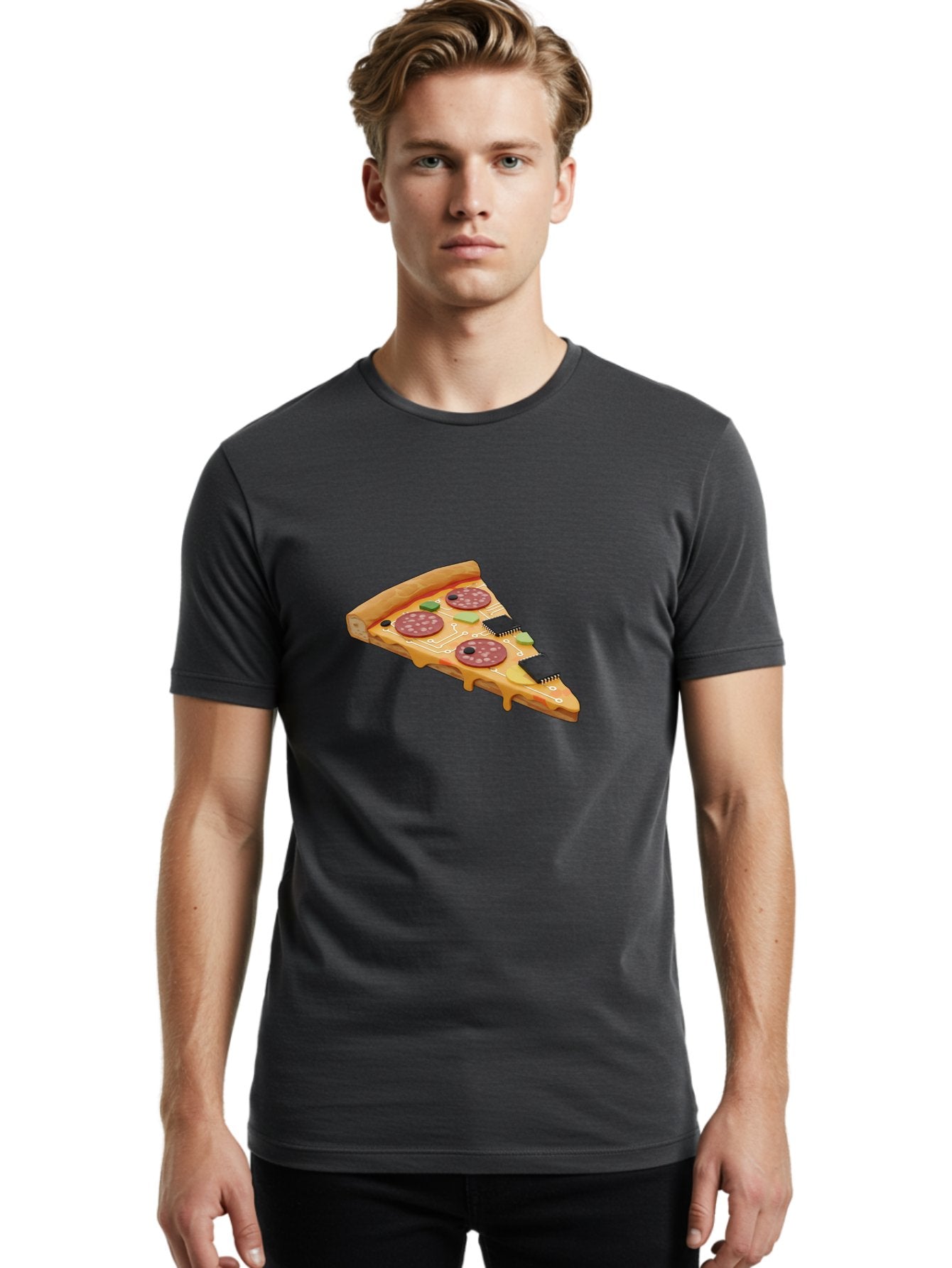 Robot-Pizza-Slice Men'S Graphic Tee, 100% Cotton, Comfortable Casual Summer Wear, Machine Washable, Pizza Slice With Circuit Board Toppings, Melted Cheese, Pepperoni, Green Capacitors, Wires, Electronic Components, Futuristic Food, Bac375 21