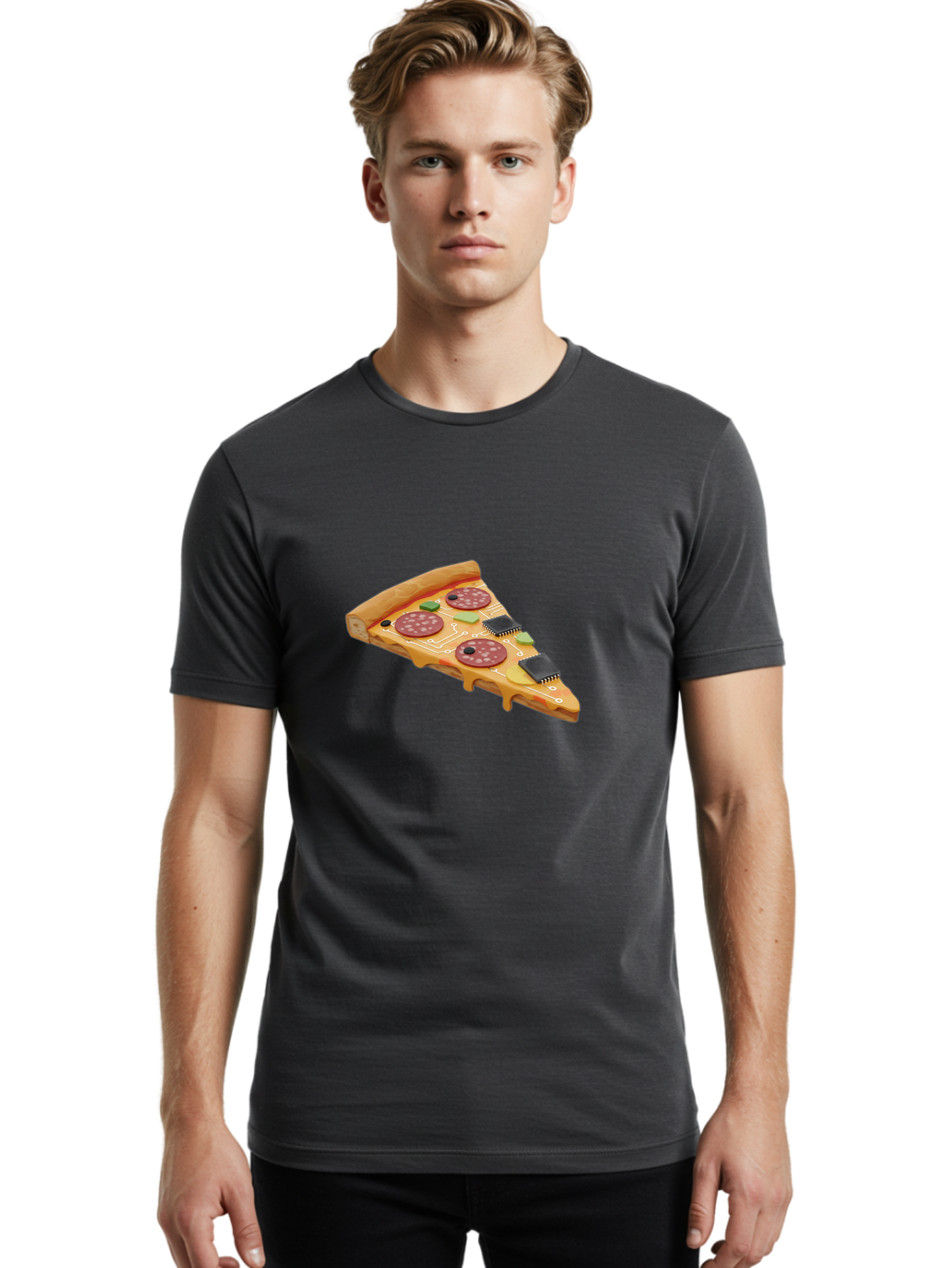 Robot-Pizza-Slice Men'S Graphic Tee, 100% Cotton, Comfortable Casual Summer Wear, Machine Washable, Pizza Slice With Circuit Board Toppings, Melted Cheese, Pepperoni, Green Capacitors, Wires, Electronic Components, Futuristic Food, Bac375 25