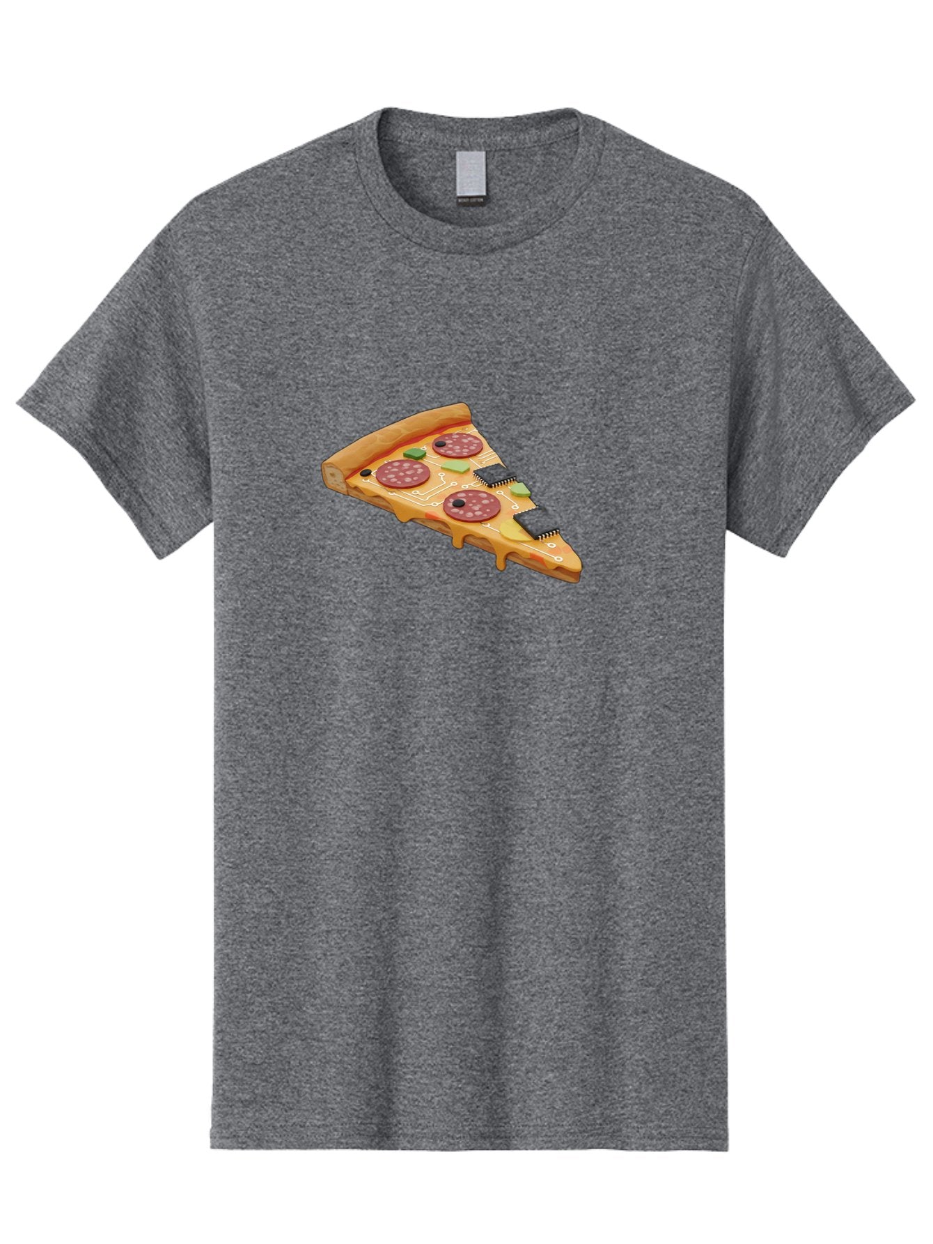 Robot-Pizza-Slice Men'S Graphic Tee, 100% Cotton, Comfortable Casual Summer Wear, Machine Washable, Pizza Slice With Circuit Board Toppings, Melted Cheese, Pepperoni, Green Capacitors, Wires, Electronic Components, Futuristic Food, Bac375 13