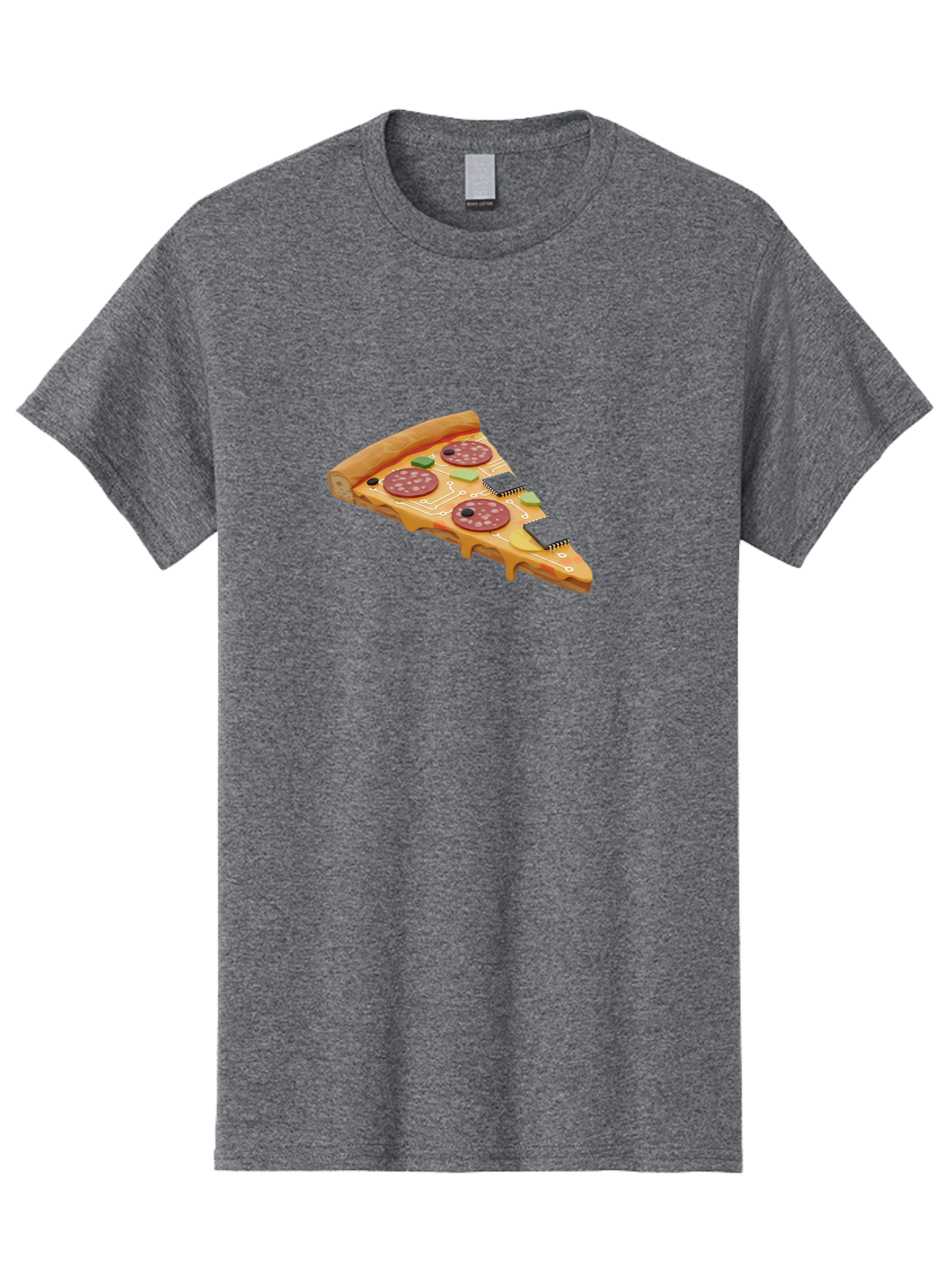 Robot-Pizza-Slice Men'S Graphic Tee, 100% Cotton, Comfortable Casual Summer Wear, Machine Washable, Pizza Slice With Circuit Board Toppings, Melted Cheese, Pepperoni, Green Capacitors, Wires, Electronic Components, Futuristic Food, Bac375 15