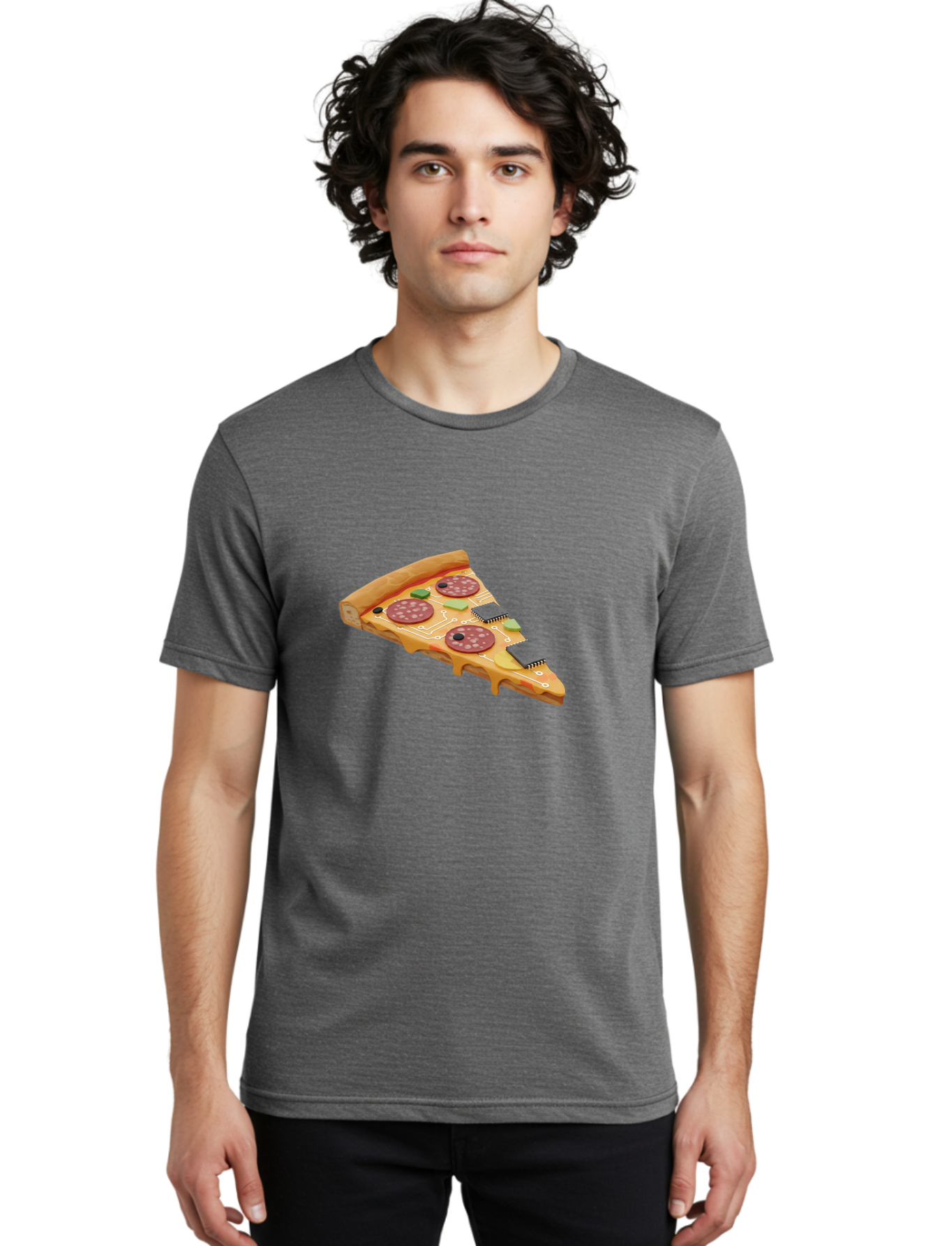 Robot-Pizza-Slice Men'S Graphic Tee, 100% Cotton, Comfortable Casual Summer Wear, Machine Washable, Pizza Slice With Circuit Board Toppings, Melted Cheese, Pepperoni, Green Capacitors, Wires, Electronic Components, Futuristic Food, Bac375 30
