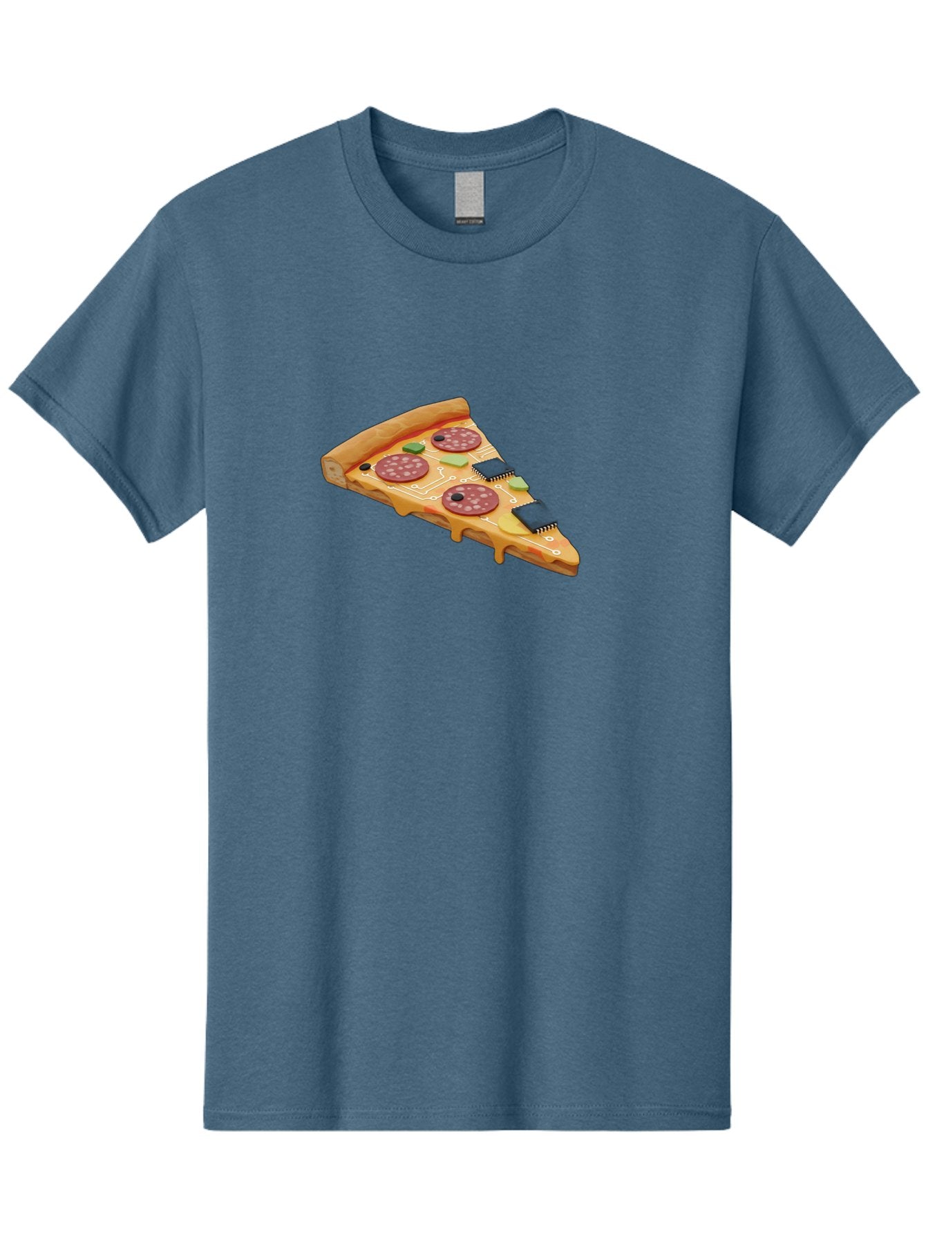 Robot-Pizza-Slice Men'S Graphic Tee, 100% Cotton, Comfortable Casual Summer Wear, Machine Washable, Pizza Slice With Circuit Board Toppings, Melted Cheese, Pepperoni, Green Capacitors, Wires, Electronic Components, Futuristic Food, Bac375 15