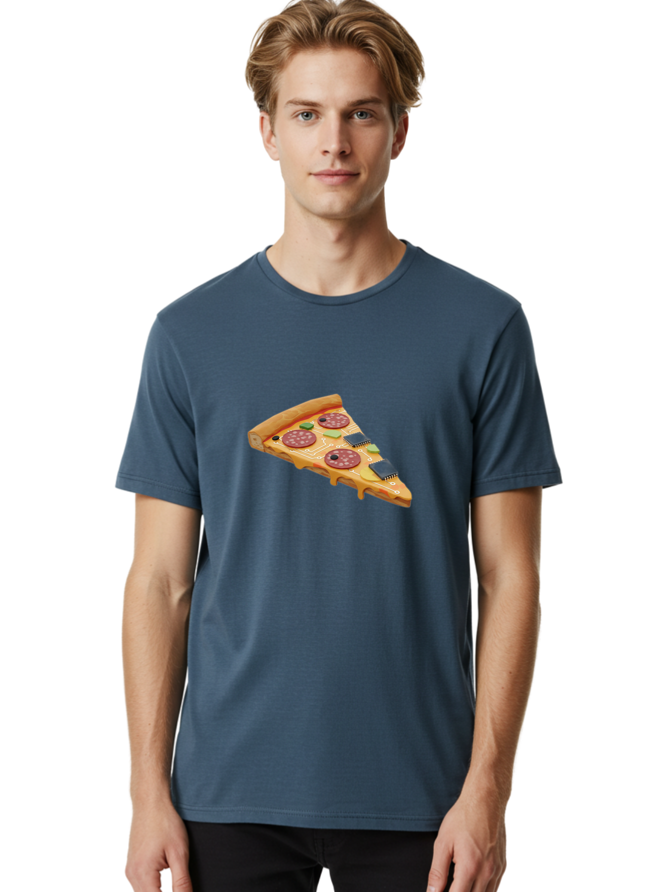 Robot-Pizza-Slice Men'S Graphic Tee, 100% Cotton, Comfortable Casual Summer Wear, Machine Washable, Pizza Slice With Circuit Board Toppings, Melted Cheese, Pepperoni, Green Capacitors, Wires, Electronic Components, Futuristic Food, Bac375 16