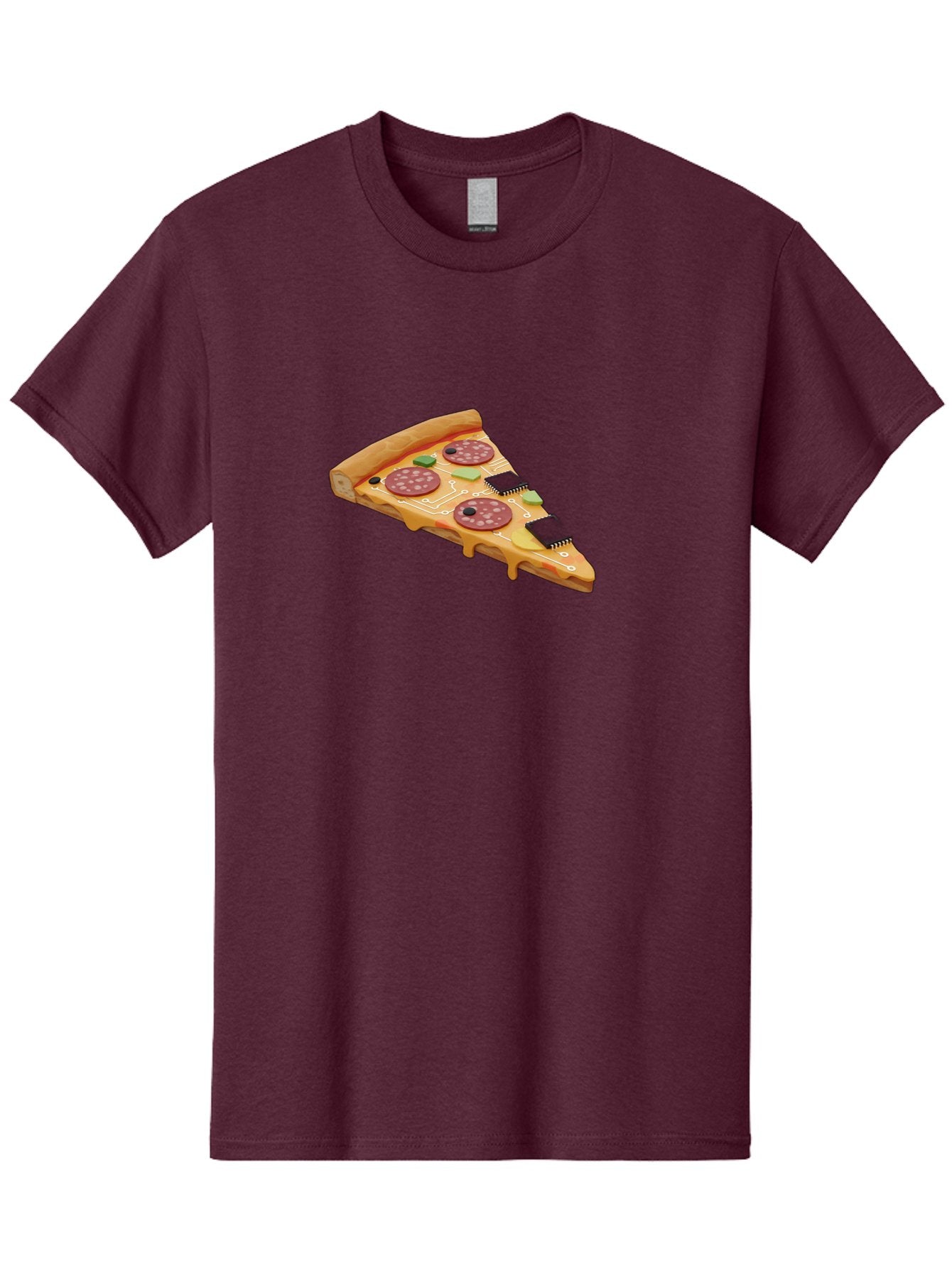 Robot-Pizza-Slice Men'S Graphic Tee, 100% Cotton, Comfortable Casual Summer Wear, Machine Washable, Pizza Slice With Circuit Board Toppings, Melted Cheese, Pepperoni, Green Capacitors, Wires, Electronic Components, Futuristic Food, Bac375