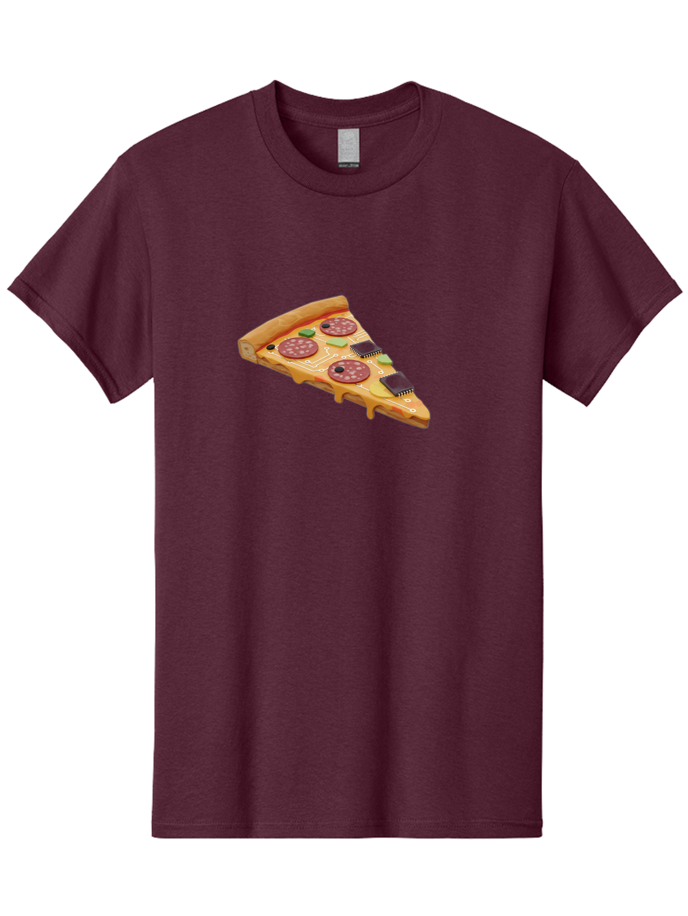 Robot-Pizza-Slice Men'S Graphic Tee, 100% Cotton, Comfortable Casual Summer Wear, Machine Washable, Pizza Slice With Circuit Board Toppings, Melted Cheese, Pepperoni, Green Capacitors, Wires, Electronic Components, Futuristic Food, Bac375 11