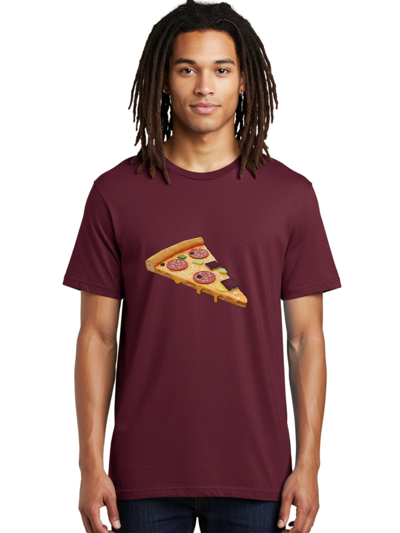 Robot-Pizza-Slice Men'S Graphic Tee, 100% Cotton, Comfortable Casual Summer Wear, Machine Washable, Pizza Slice With Circuit Board Toppings, Melted Cheese, Pepperoni, Green Capacitors, Wires, Electronic Components, Futuristic Food, Bac375 19