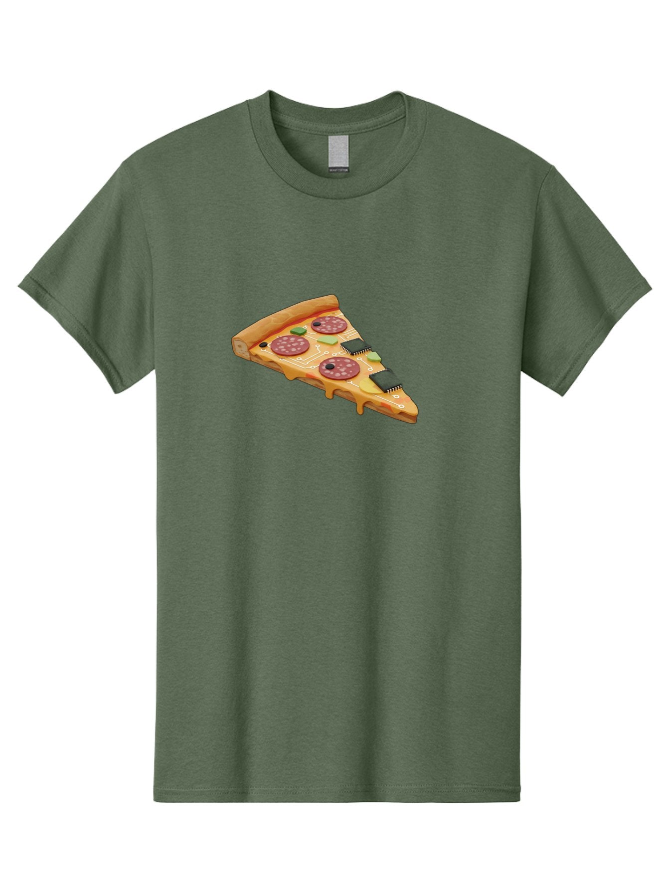 Robot-Pizza-Slice Men'S Graphic Tee, 100% Cotton, Comfortable Casual Summer Wear, Machine Washable, Pizza Slice With Circuit Board Toppings, Melted Cheese, Pepperoni, Green Capacitors, Wires, Electronic Components, Futuristic Food, Bac375 7