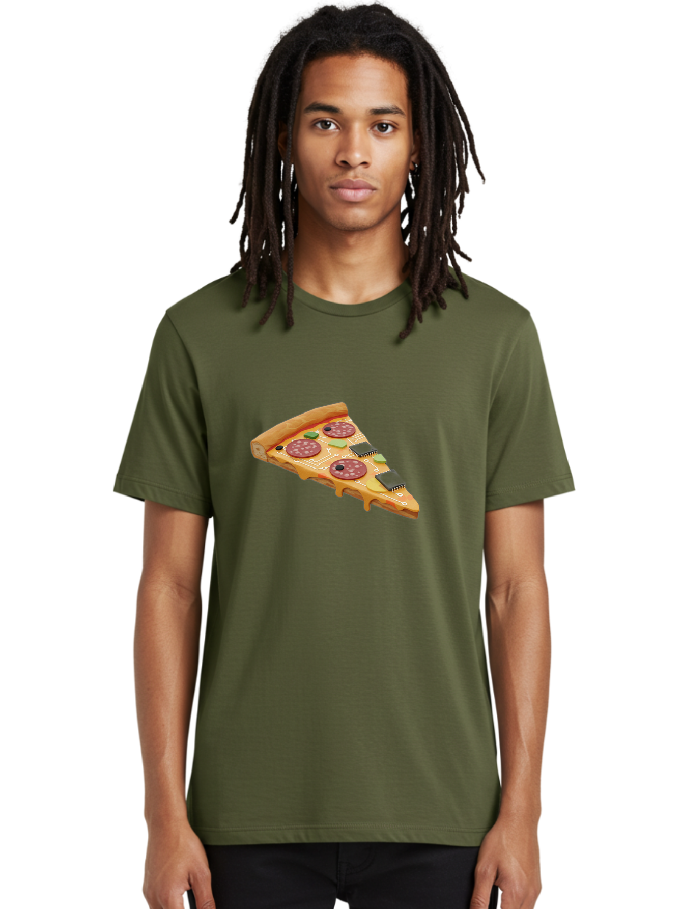 Robot-Pizza-Slice Men'S Graphic Tee, 100% Cotton, Comfortable Casual Summer Wear, Machine Washable, Pizza Slice With Circuit Board Toppings, Melted Cheese, Pepperoni, Green Capacitors, Wires, Electronic Components, Futuristic Food, Bac375 28