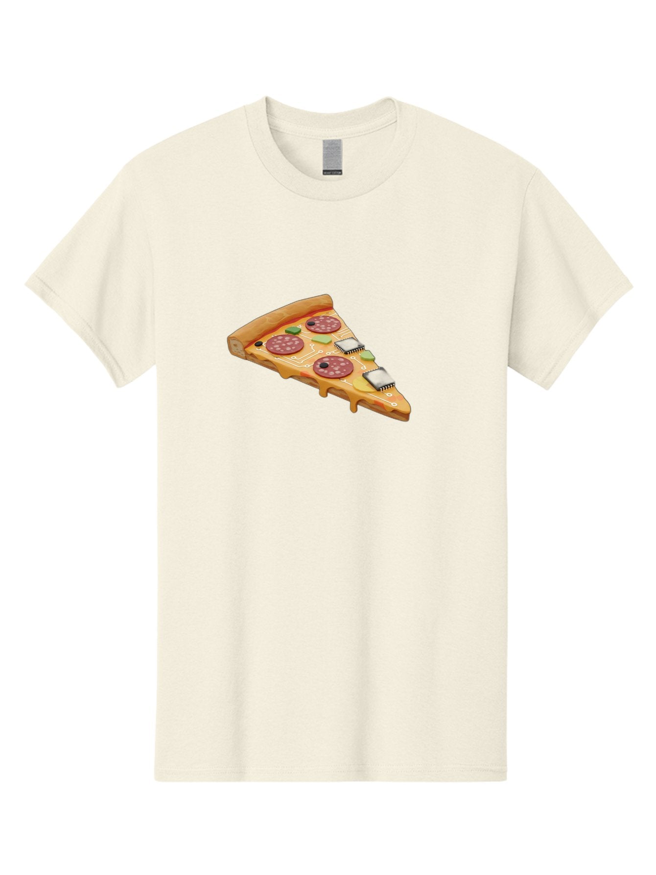 Robot-Pizza-Slice Men'S Graphic Tee, 100% Cotton, Comfortable Casual Summer Wear, Machine Washable, Pizza Slice With Circuit Board Toppings, Melted Cheese, Pepperoni, Green Capacitors, Wires, Electronic Components, Futuristic Food, Bac375 3