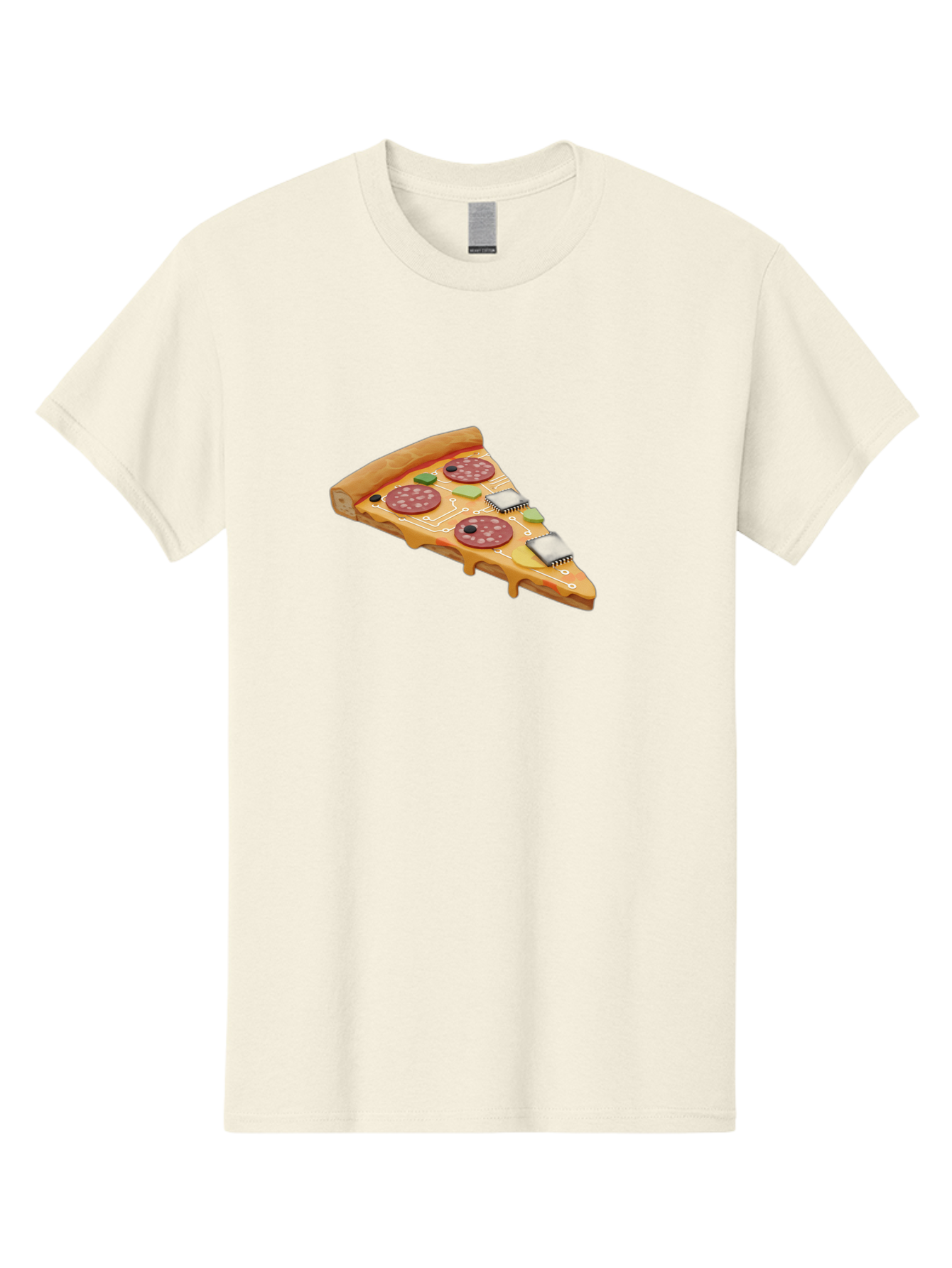 Robot-Pizza-Slice Men'S Graphic Tee, 100% Cotton, Comfortable Casual Summer Wear, Machine Washable, Pizza Slice With Circuit Board Toppings, Melted Cheese, Pepperoni, Green Capacitors, Wires, Electronic Components, Futuristic Food, Bac375 9