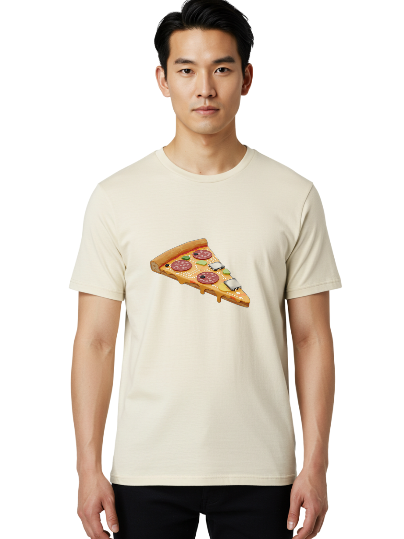 Robot-Pizza-Slice Men'S Graphic Tee, 100% Cotton, Comfortable Casual Summer Wear, Machine Washable, Pizza Slice With Circuit Board Toppings, Melted Cheese, Pepperoni, Green Capacitors, Wires, Electronic Components, Futuristic Food, Bac375 24