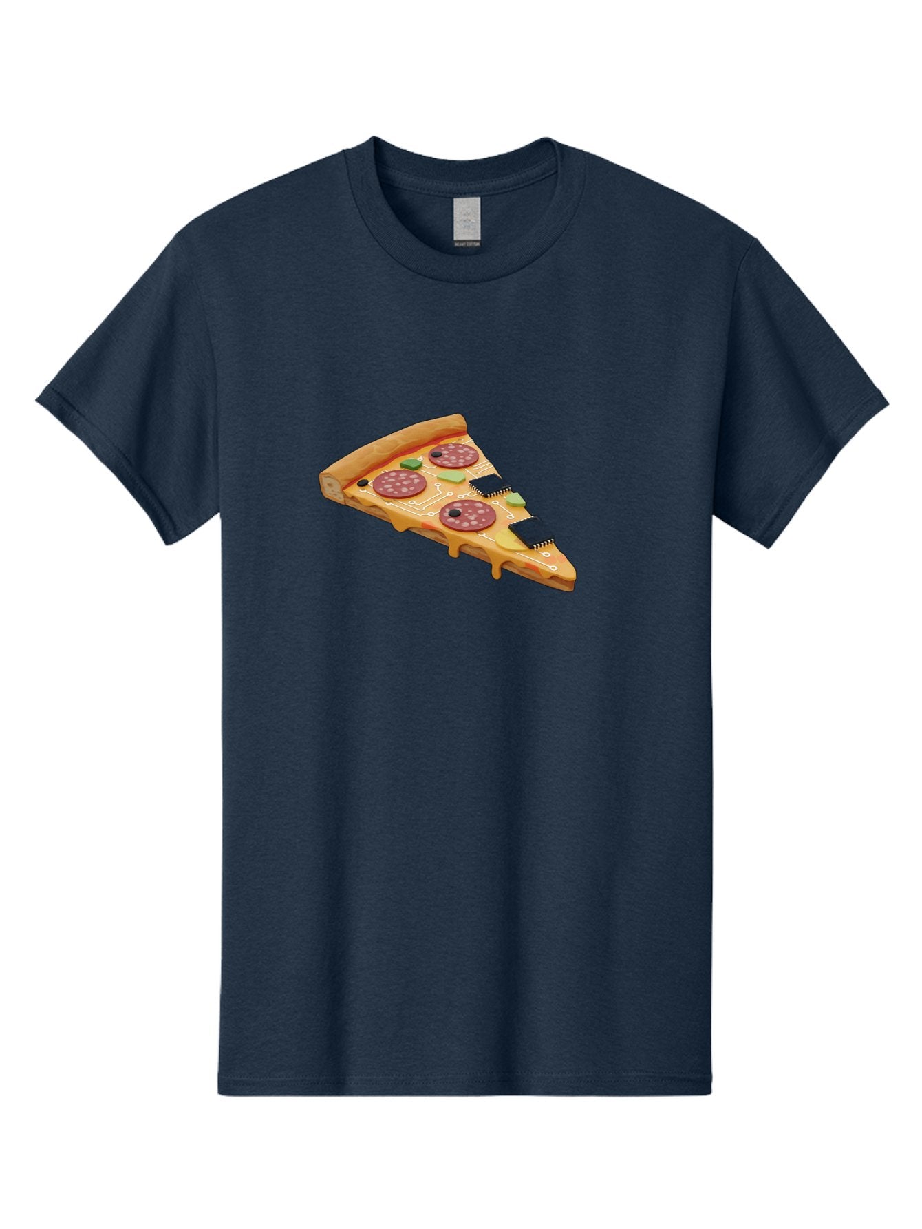 Robot-Pizza-Slice Men'S Graphic Tee, 100% Cotton, Comfortable Casual Summer Wear, Machine Washable, Pizza Slice With Circuit Board Toppings, Melted Cheese, Pepperoni, Green Capacitors, Wires, Electronic Components, Futuristic Food, Bac375 5