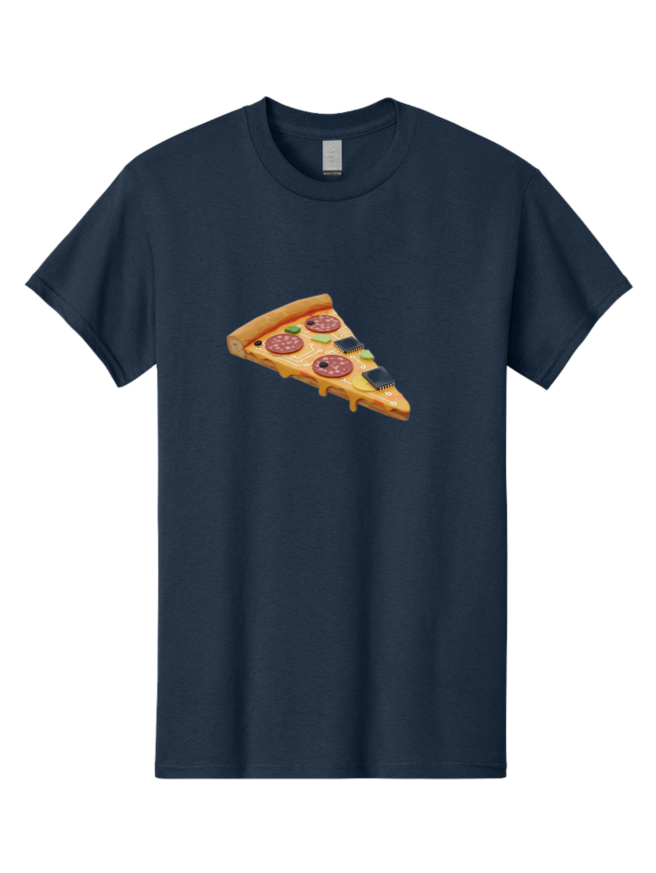 Robot-Pizza-Slice Men'S Graphic Tee, 100% Cotton, Comfortable Casual Summer Wear, Machine Washable, Pizza Slice With Circuit Board Toppings, Melted Cheese, Pepperoni, Green Capacitors, Wires, Electronic Components, Futuristic Food, Bac375 8
