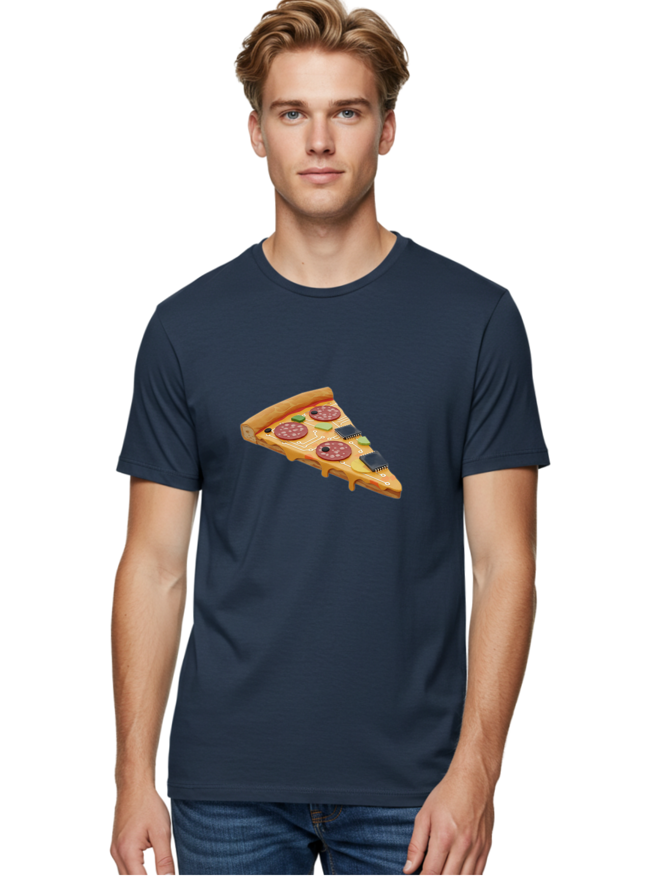 Robot-Pizza-Slice Men'S Graphic Tee, 100% Cotton, Comfortable Casual Summer Wear, Machine Washable, Pizza Slice With Circuit Board Toppings, Melted Cheese, Pepperoni, Green Capacitors, Wires, Electronic Components, Futuristic Food, Bac375 23