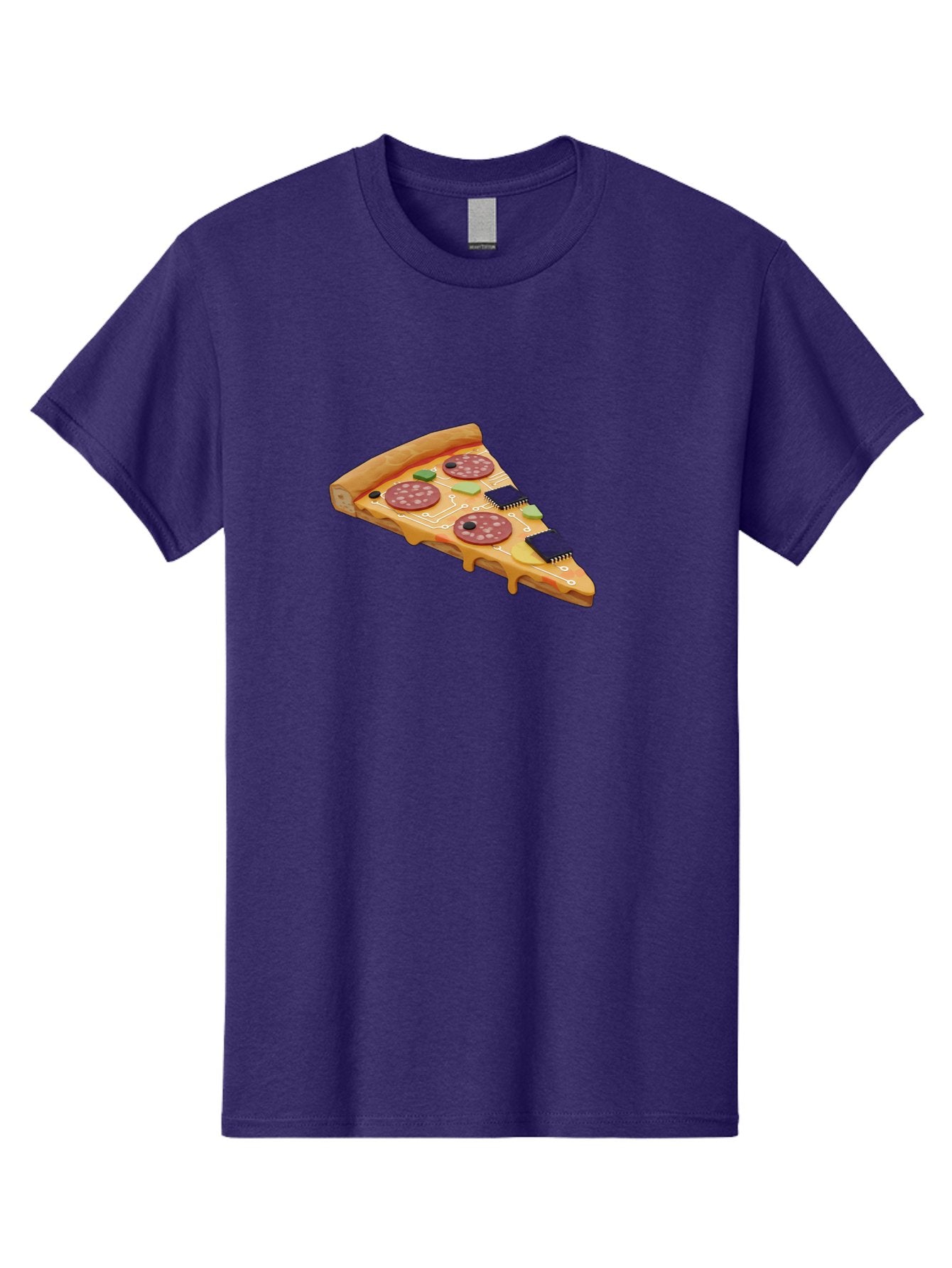 Robot-Pizza-Slice Men'S Graphic Tee, 100% Cotton, Comfortable Casual Summer Wear, Machine Washable, Pizza Slice With Circuit Board Toppings, Melted Cheese, Pepperoni, Green Capacitors, Wires, Electronic Components, Futuristic Food, Bac375 12