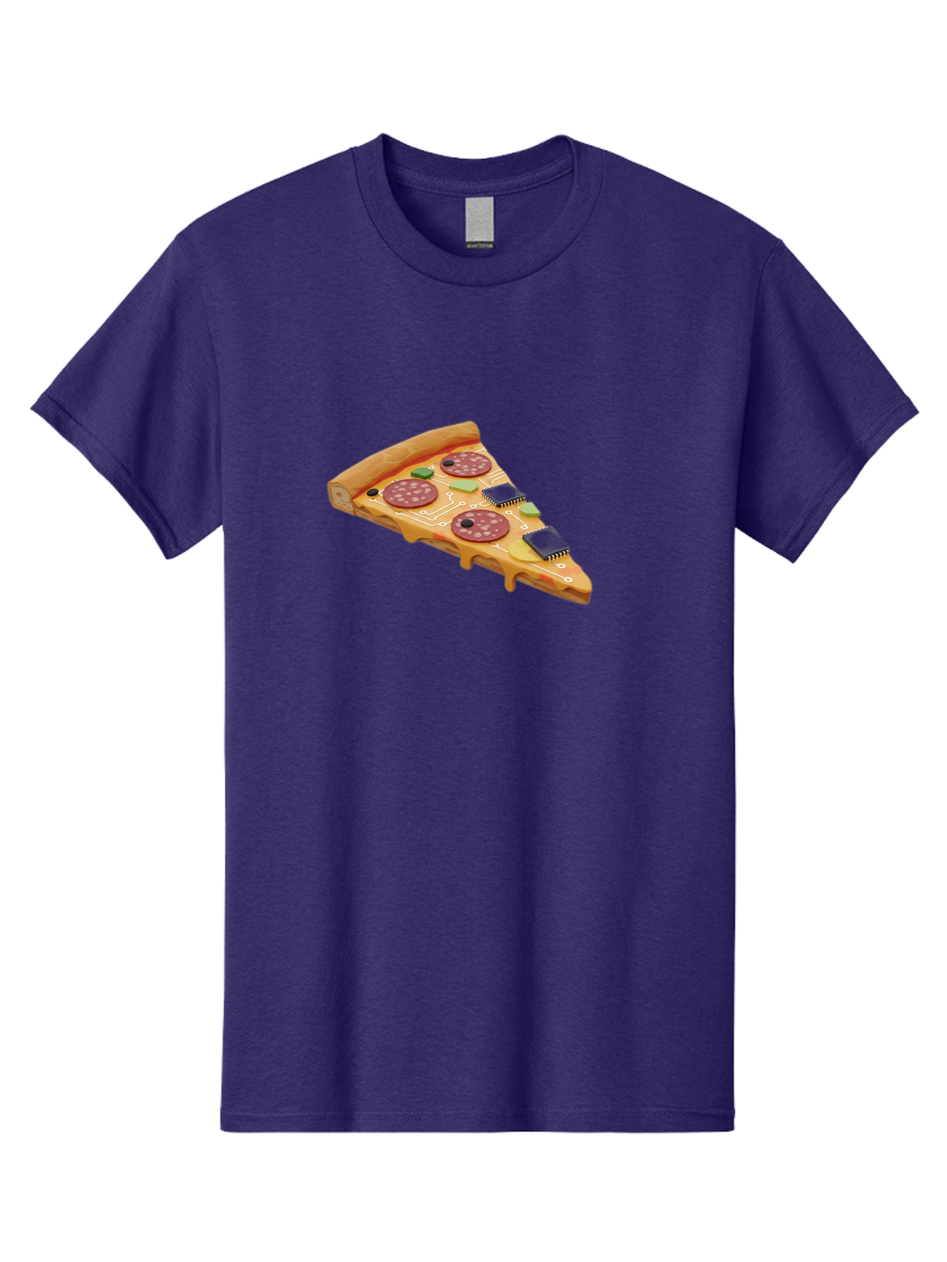Robot-Pizza-Slice Men'S Graphic Tee, 100% Cotton, Comfortable Casual Summer Wear, Machine Washable, Pizza Slice With Circuit Board Toppings, Melted Cheese, Pepperoni, Green Capacitors, Wires, Electronic Components, Futuristic Food, Bac375 3