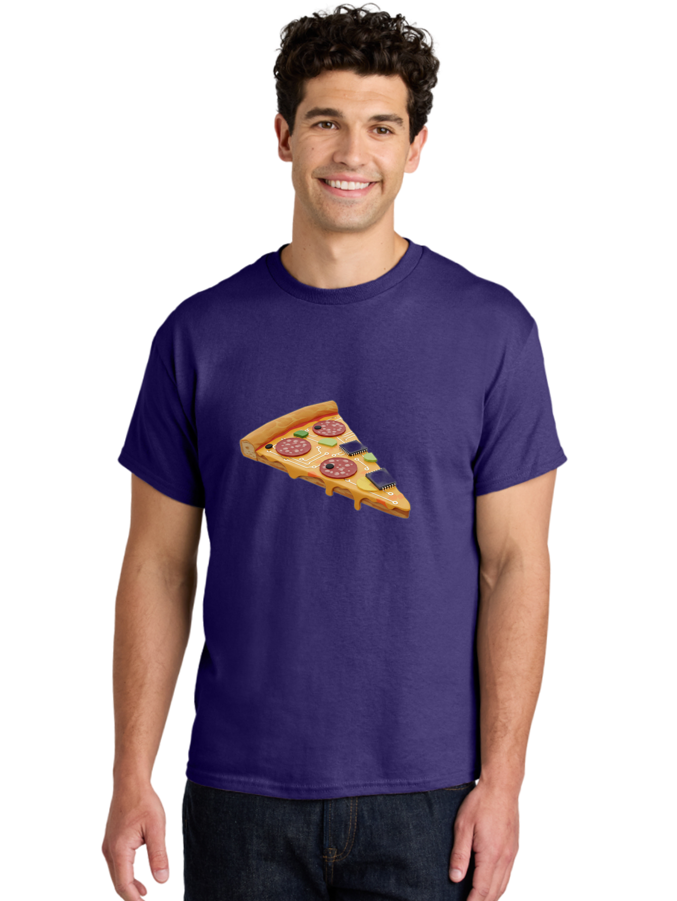 Robot-Pizza-Slice Men'S Graphic Tee, 100% Cotton, Comfortable Casual Summer Wear, Machine Washable, Pizza Slice With Circuit Board Toppings, Melted Cheese, Pepperoni, Green Capacitors, Wires, Electronic Components, Futuristic Food, Bac375 18