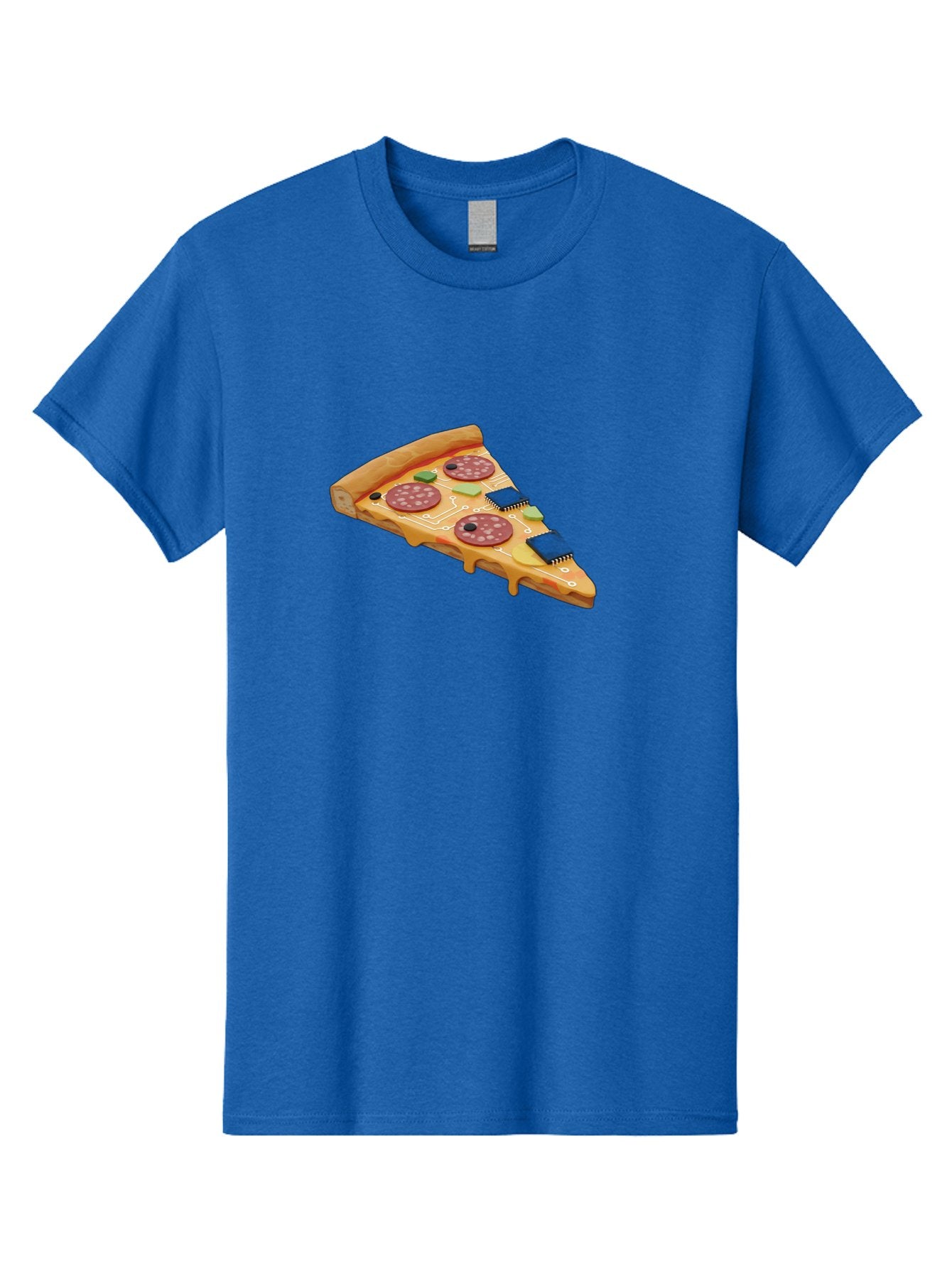 Robot-Pizza-Slice Men'S Graphic Tee, 100% Cotton, Comfortable Casual Summer Wear, Machine Washable, Pizza Slice With Circuit Board Toppings, Melted Cheese, Pepperoni, Green Capacitors, Wires, Electronic Components, Futuristic Food, Bac375 9