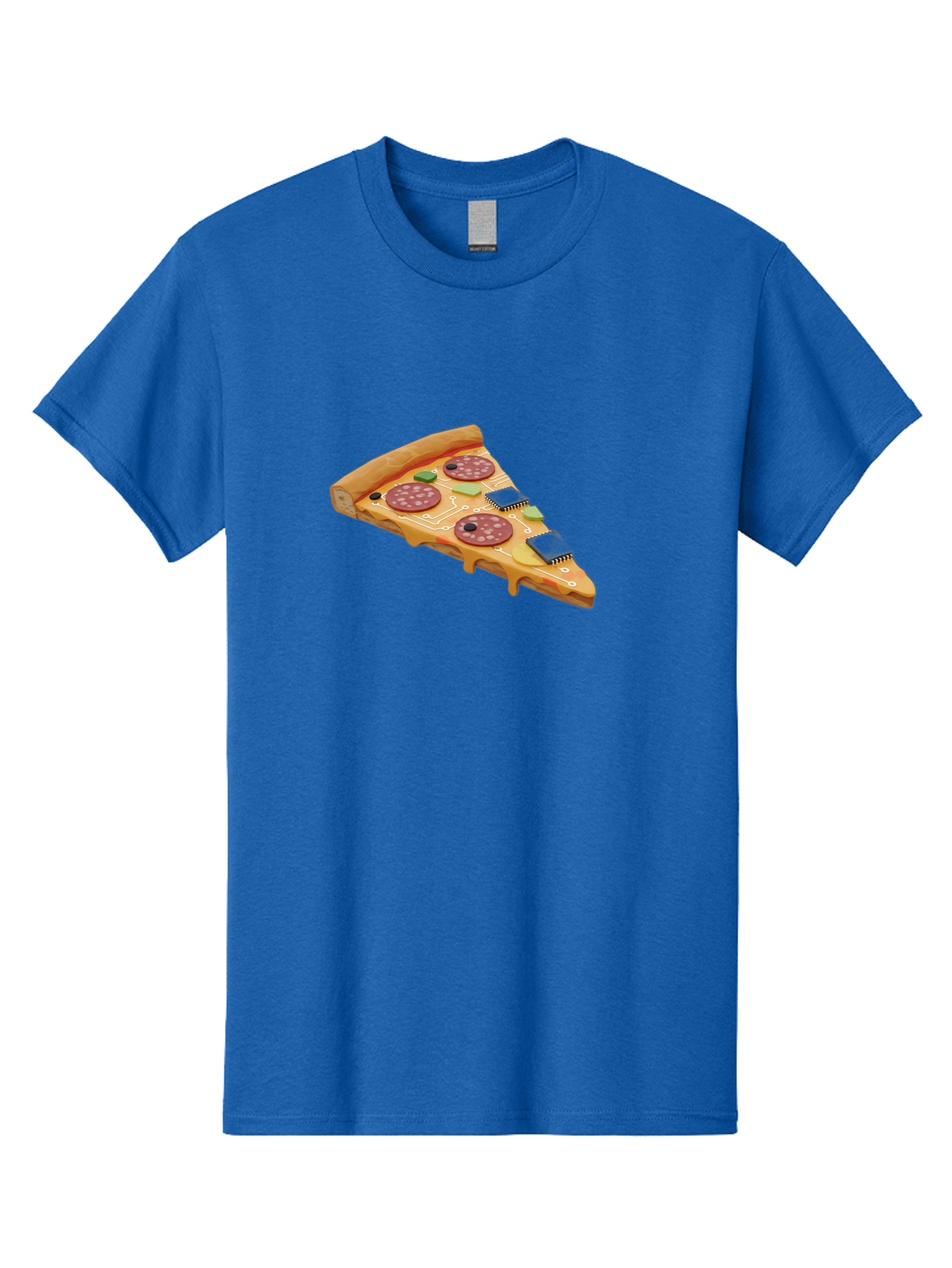 Robot-Pizza-Slice Men'S Graphic Tee, 100% Cotton, Comfortable Casual Summer Wear, Machine Washable, Pizza Slice With Circuit Board Toppings, Melted Cheese, Pepperoni, Green Capacitors, Wires, Electronic Components, Futuristic Food, Bac375 5