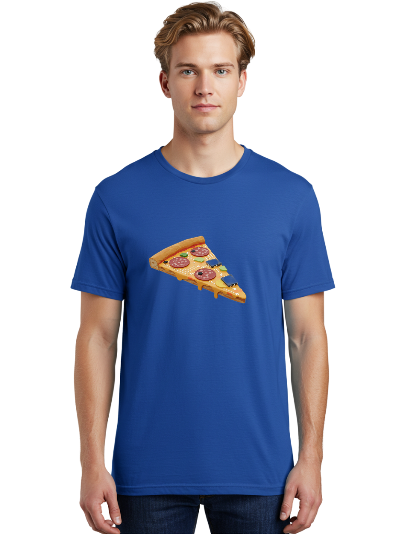Robot-Pizza-Slice Men'S Graphic Tee, 100% Cotton, Comfortable Casual Summer Wear, Machine Washable, Pizza Slice With Circuit Board Toppings, Melted Cheese, Pepperoni, Green Capacitors, Wires, Electronic Components, Futuristic Food, Bac375 20