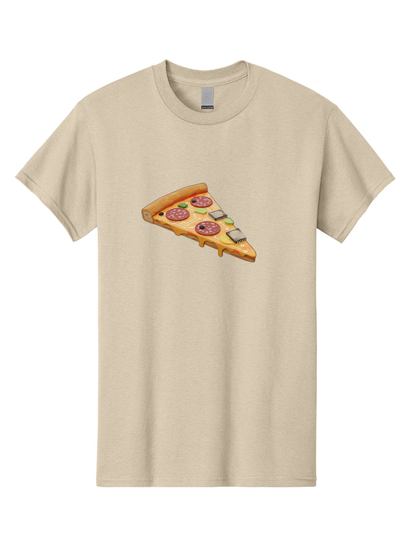 Robot-Pizza-Slice Men'S Graphic Tee, 100% Cotton, Comfortable Casual Summer Wear, Machine Washable, Pizza Slice With Circuit Board Toppings, Melted Cheese, Pepperoni, Green Capacitors, Wires, Electronic Components, Futuristic Food, Bac375 6