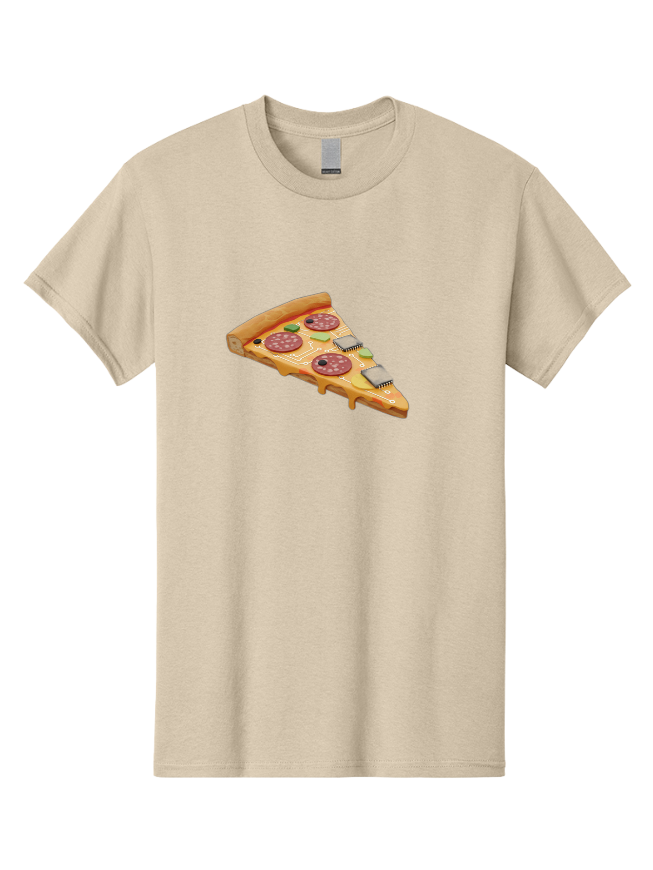 Robot-Pizza-Slice Men'S Graphic Tee, 100% Cotton, Comfortable Casual Summer Wear, Machine Washable, Pizza Slice With Circuit Board Toppings, Melted Cheese, Pepperoni, Green Capacitors, Wires, Electronic Components, Futuristic Food, Bac375 7