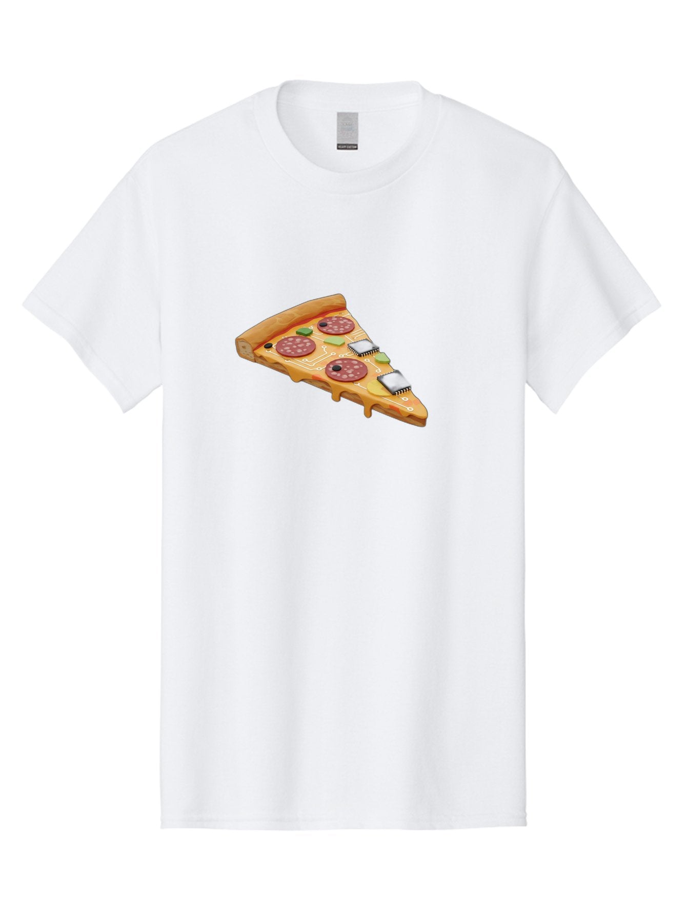 Robot-Pizza-Slice Men'S Graphic Tee, 100% Cotton, Comfortable Casual Summer Wear, Machine Washable, Pizza Slice With Circuit Board Toppings, Melted Cheese, Pepperoni, Green Capacitors, Wires, Electronic Components, Futuristic Food, Bac375 10