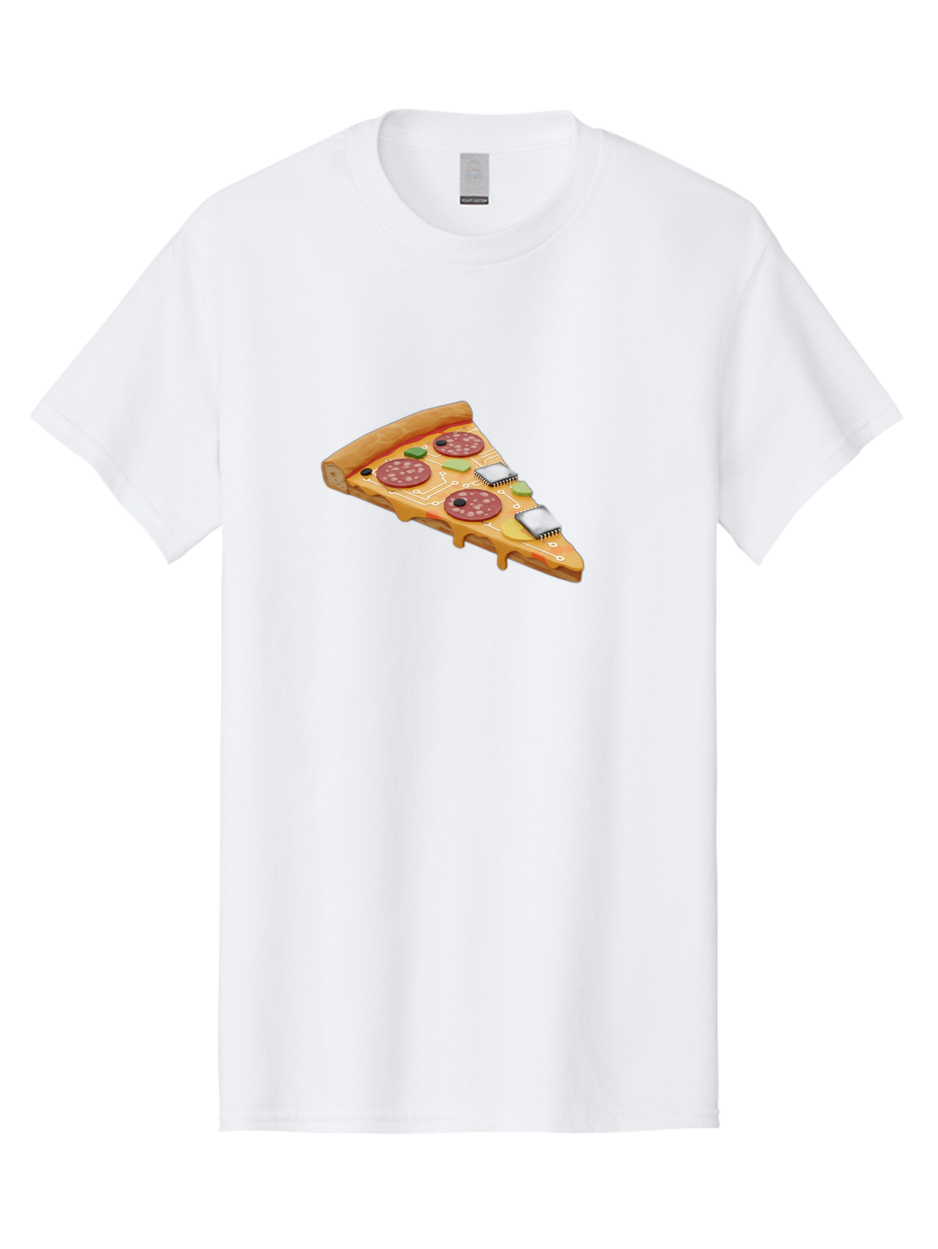 Robot-Pizza-Slice Men'S Graphic Tee, 100% Cotton, Comfortable Casual Summer Wear, Machine Washable, Pizza Slice With Circuit Board Toppings, Melted Cheese, Pepperoni, Green Capacitors, Wires, Electronic Components, Futuristic Food, Bac375 14