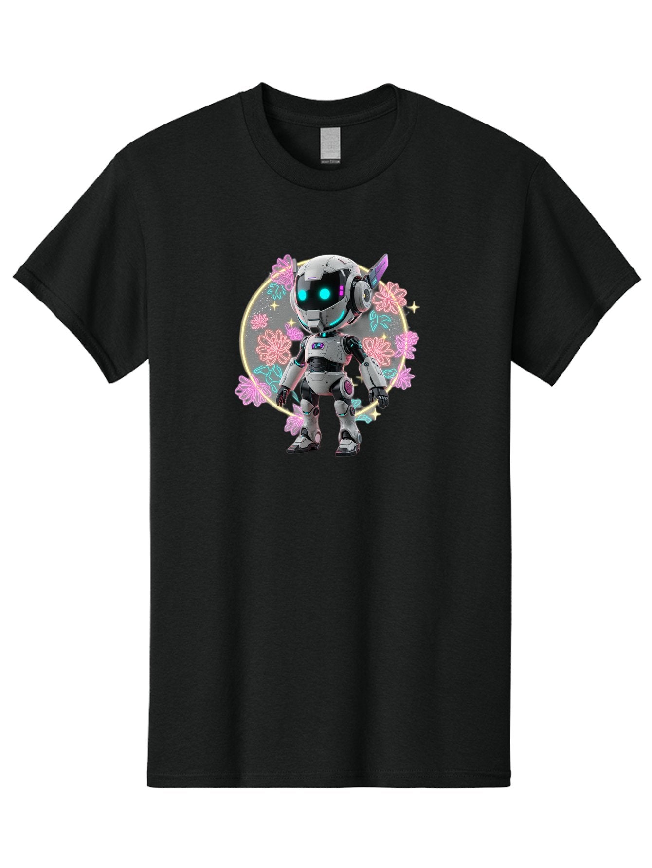 Robot-Surrounded-By-Flowers Men'S Graphic Tee, 100% Cotton, Comfortable Casual Summer Wear, Machine Washable, Futuristic Robot, Robotic Character, Artificial Intelligence, Neon Lights, Metallic Body, Glowing Blue Eyes, Floral Decorations, Bac376 11